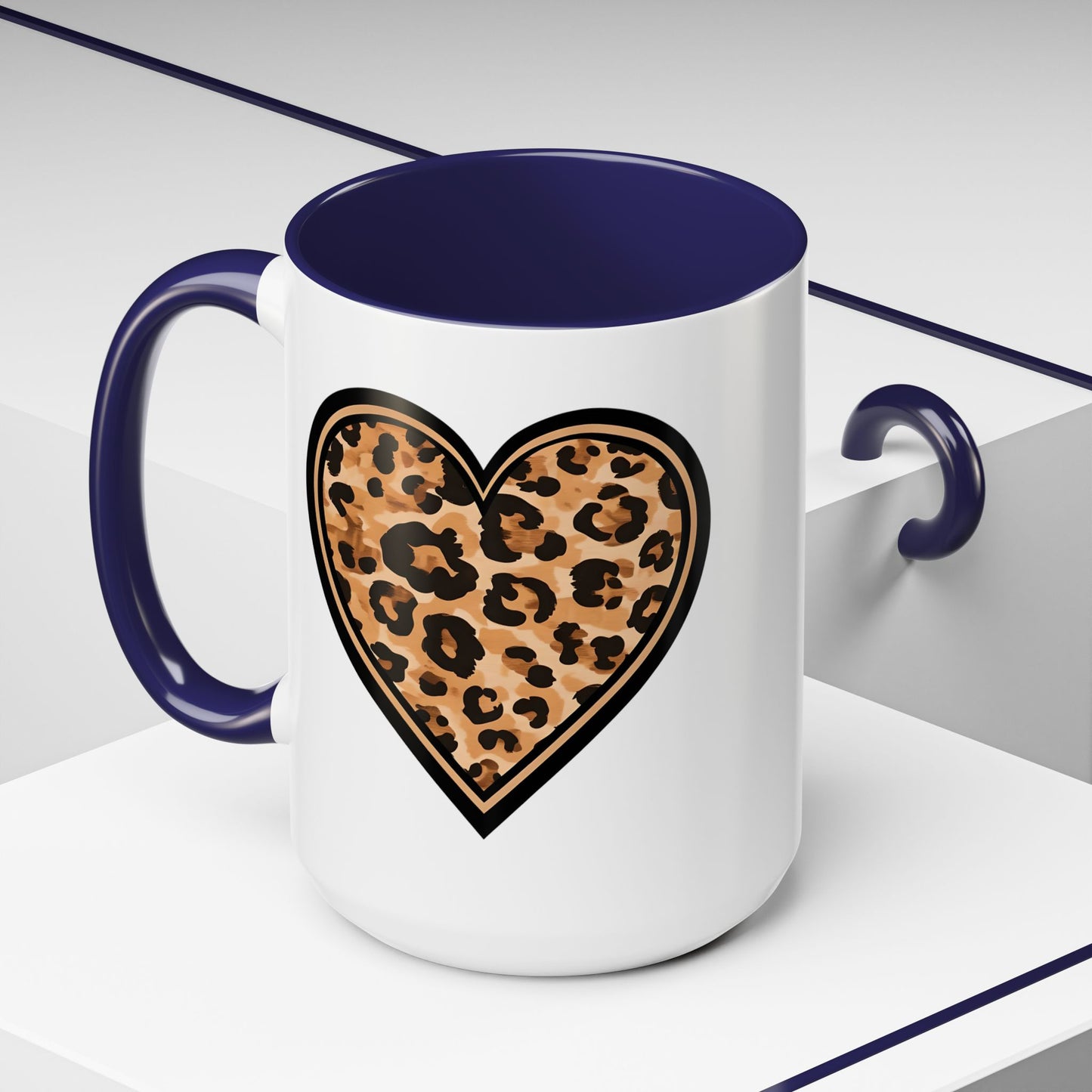 Leopard Heart Accent Coffee 15 oz Mug - Stylish Animal Print Mug for Daily Inspiration