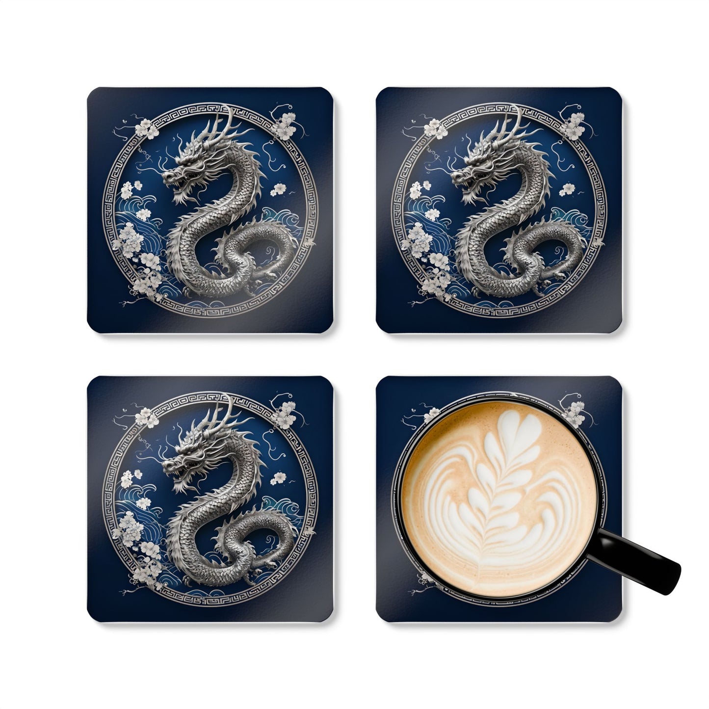 Navy Dragon Corkwood Coaster Set - Elegant Home Décor for Asian-Themed Parties