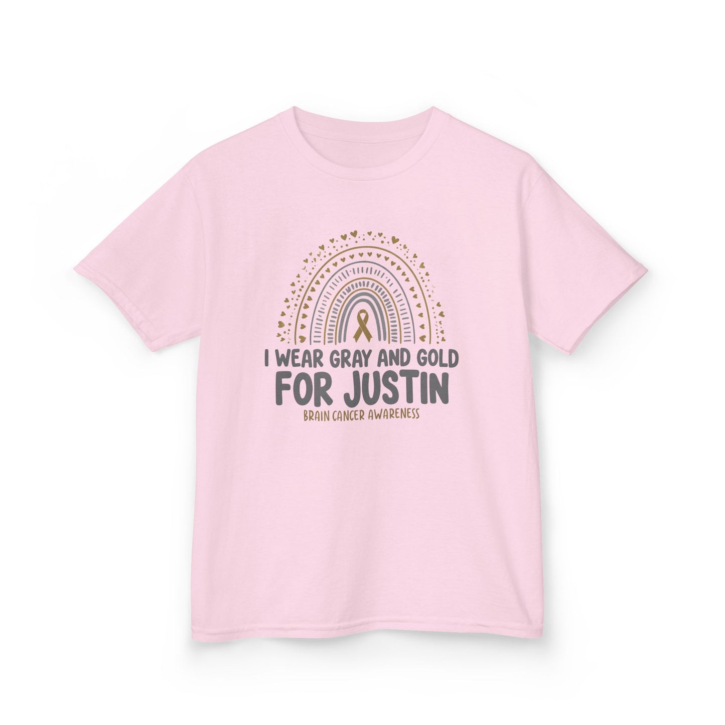 JUSTIN KIDS UNISEX TSHIRT- Kids Brain Cancer Awareness Tee - I Wear Gray and Gold for Justin