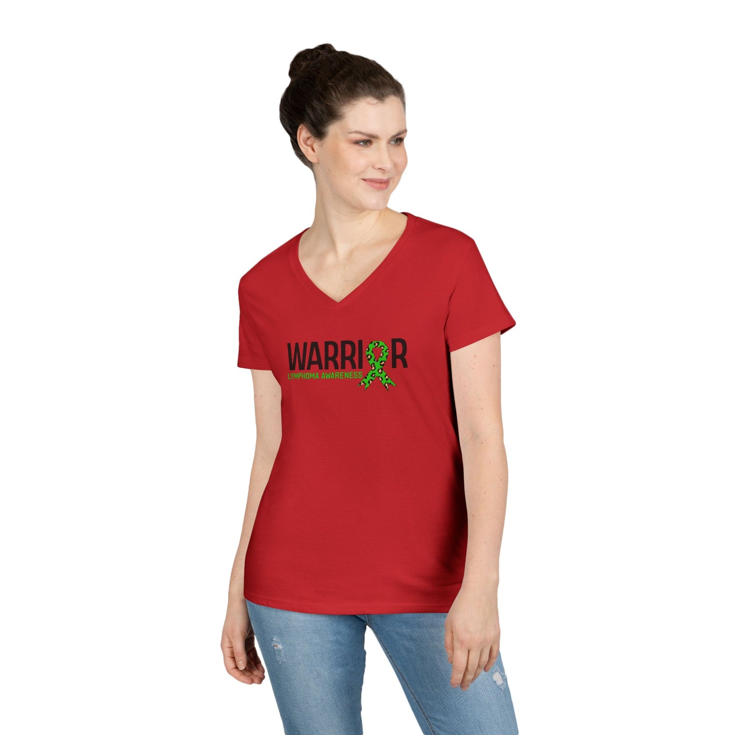 Ladies' V-Neck T-Shirt - Lymphedema Awareness Warrior Tee, Supportive Gift, Cancer Awareness, Health Advocacy, Green Ribbon Tee