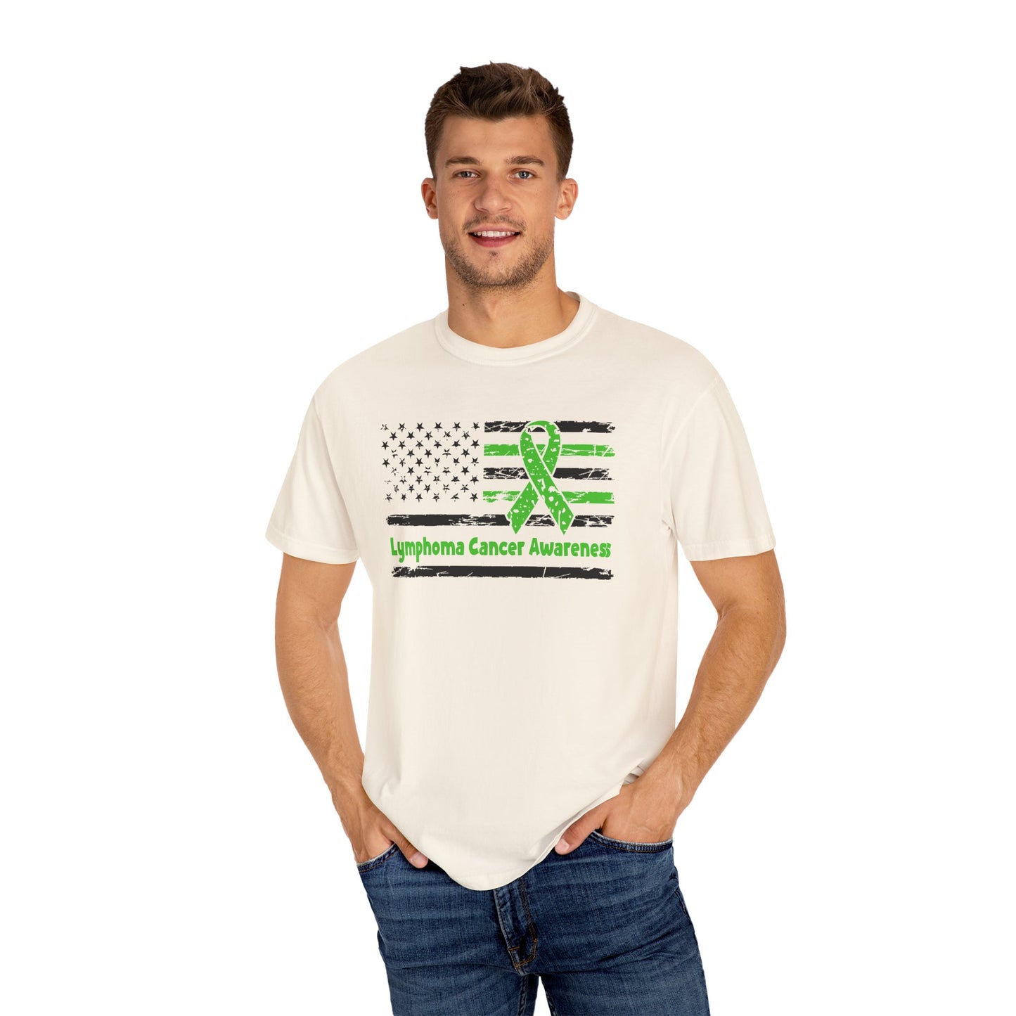 Lymphoma Awareness T-Shirt, Unisex Garment-Dyed Tee, Cancer Support Shirt, Green Ribbon Tee, Gift for Awareness Events