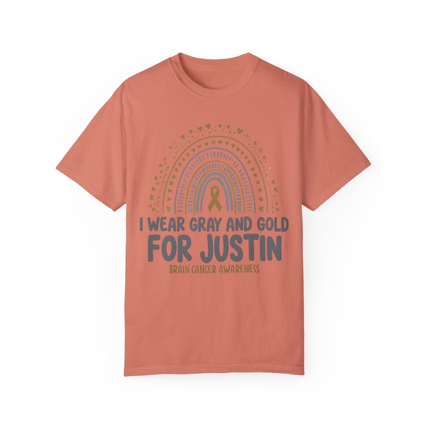 JUSTIN ADULT-Brain Cancer Awareness T-Shirt - I Wear Gray and Gold for Justin