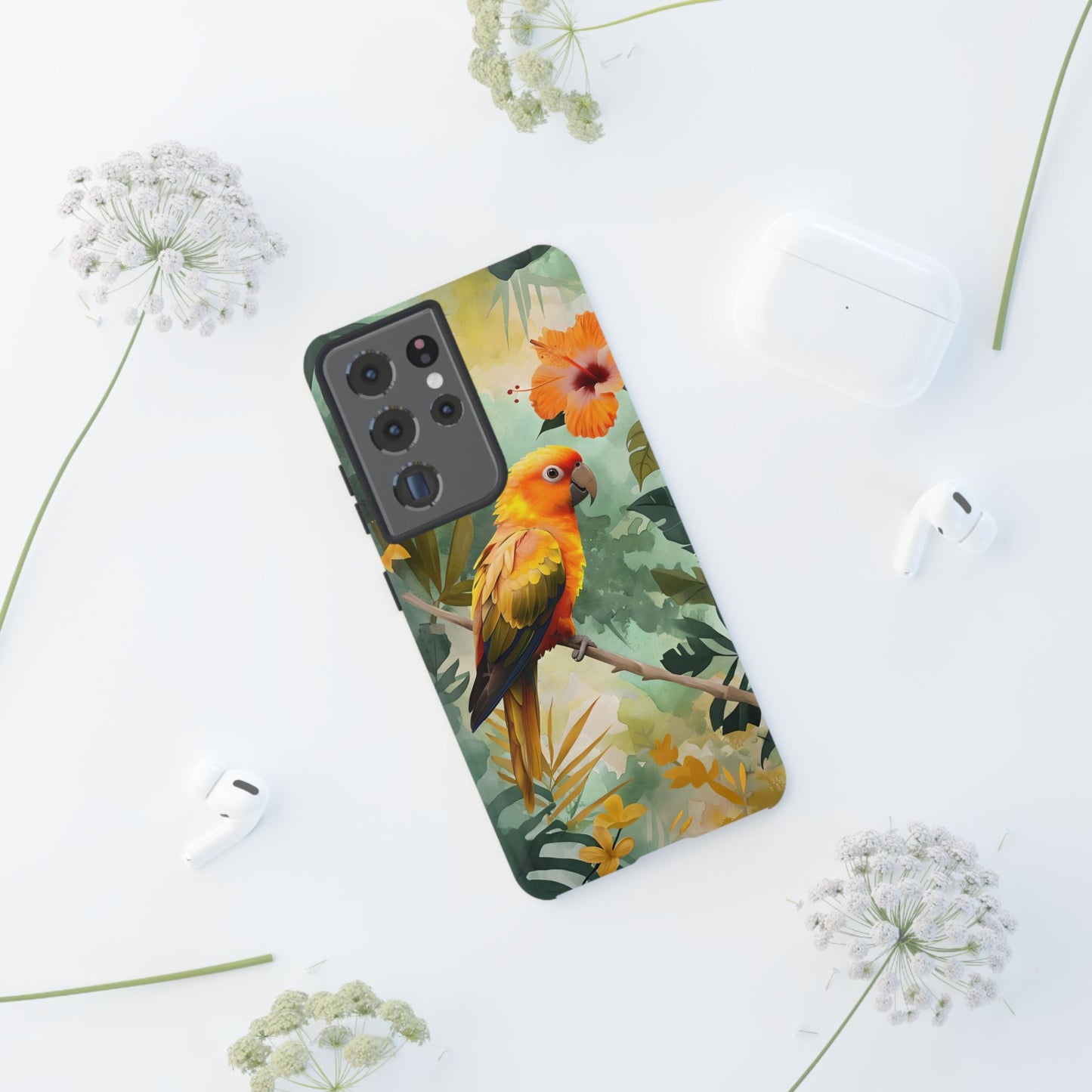 Tough Cases - Sun Conure Tropical Parrot Phone Case, Vibrant Floral Design, Durable Protection for Nature Lovers