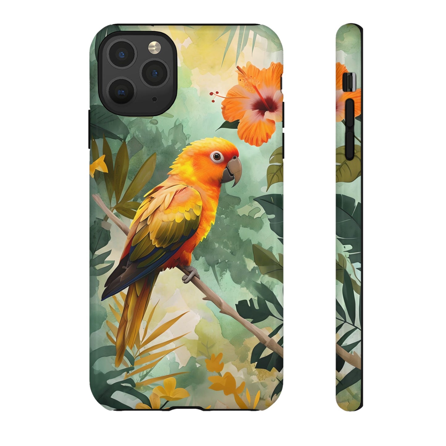 Tough Cases - Sun Conure Tropical Parrot Phone Case, Vibrant Floral Design, Durable Protection for Nature Lovers