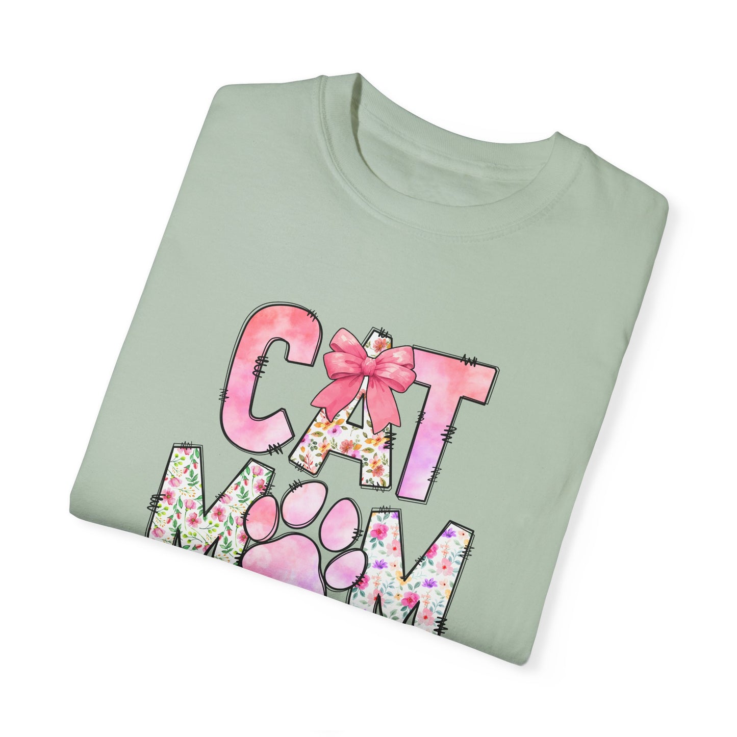Cat Mom Garment-Dyed T-Shirt | Cute Floral Design for Cat Lovers