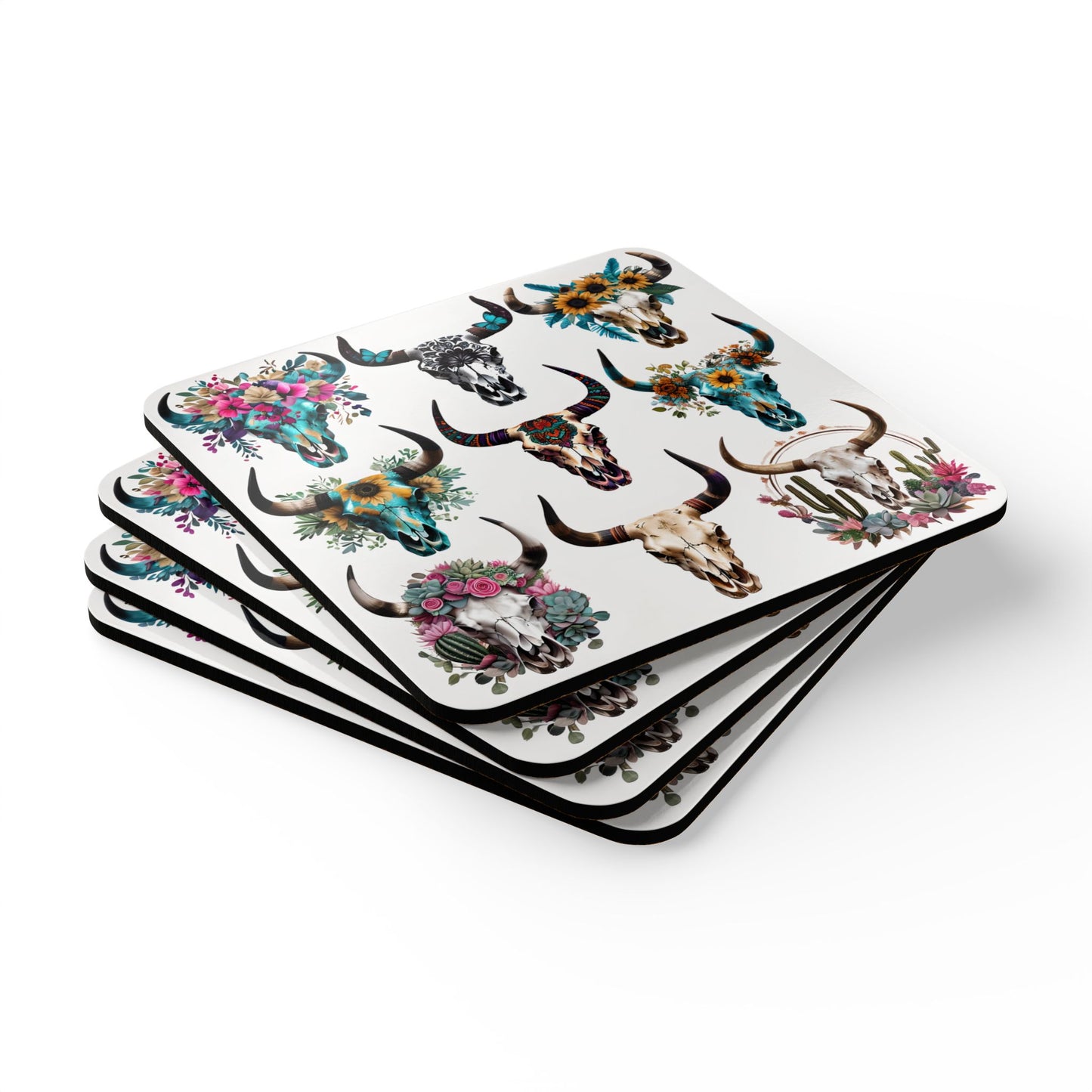 Rustic Floral Skull Coaster Set - 9 Unique Corkwood Designs