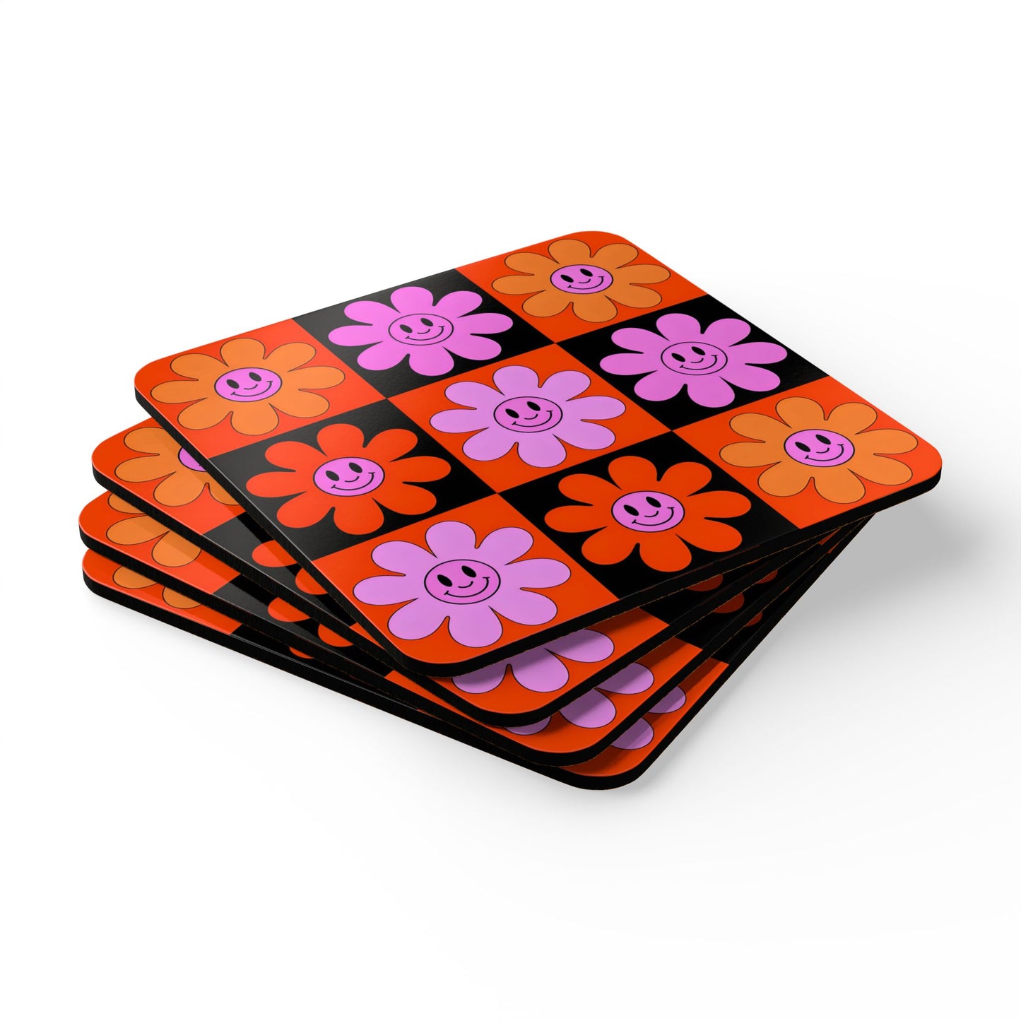 Retro Floral Cork Coaster Set - Happy Smiley Design for Home & Parties