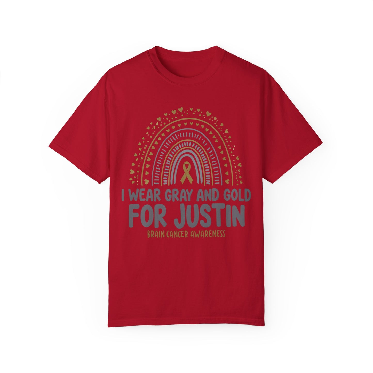 JUSTIN ADULT-Brain Cancer Awareness T-Shirt - I Wear Gray and Gold for Justin