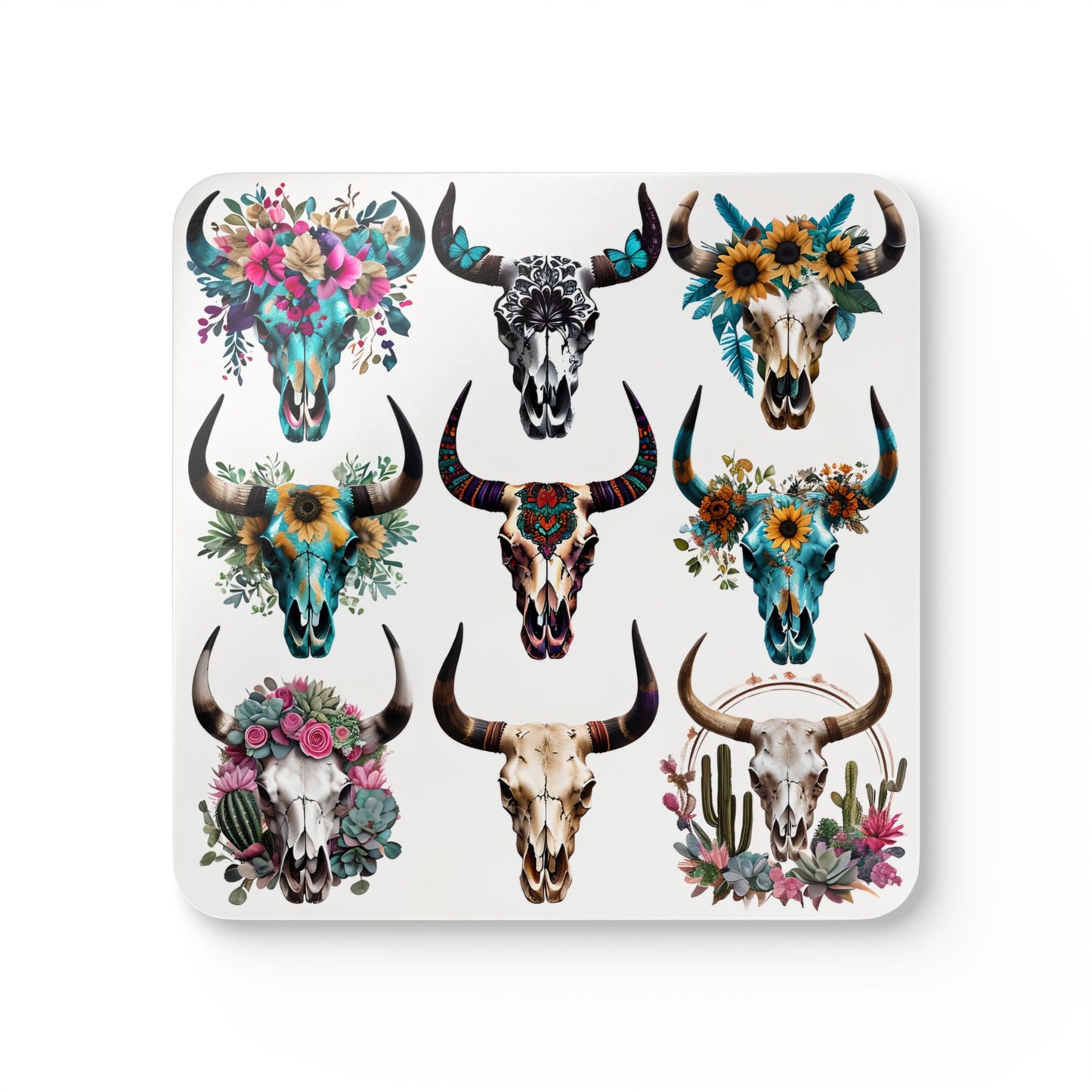 Rustic Floral Skull Coaster Set - 9 Unique Corkwood Designs