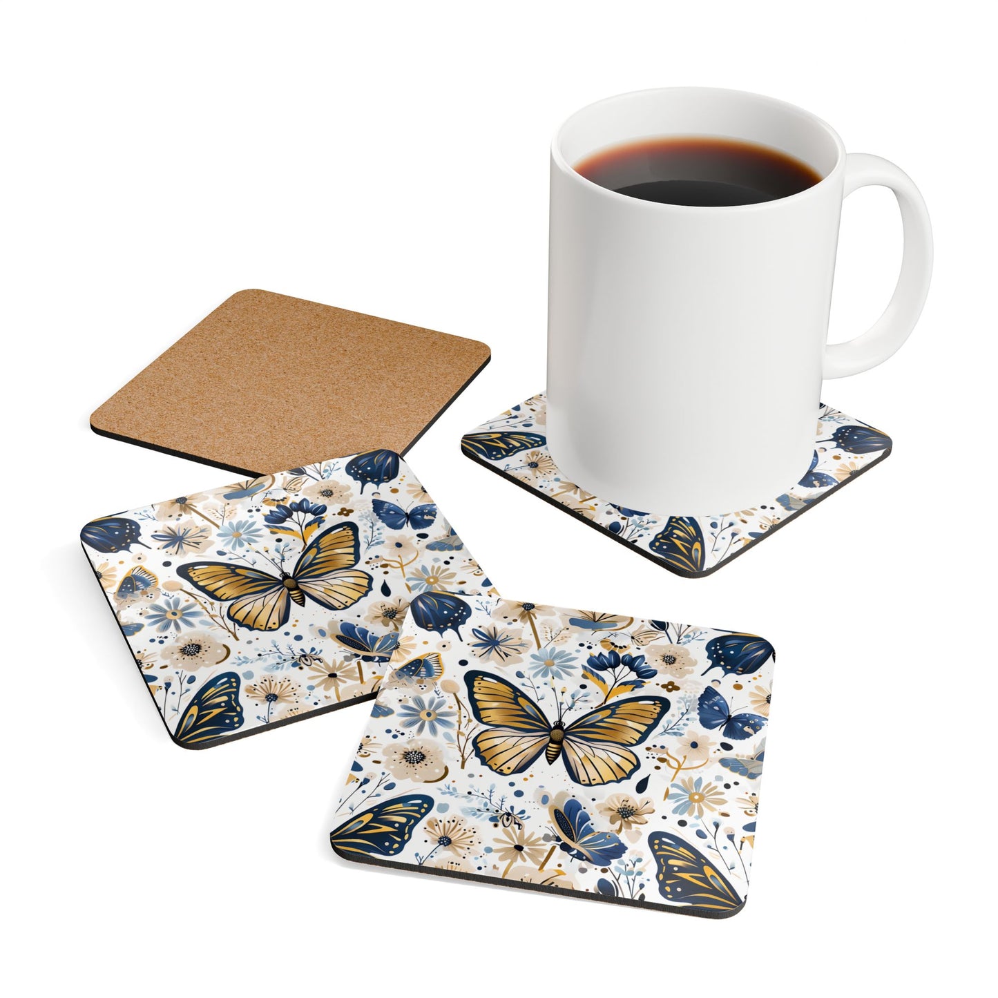 Butterfly Floral Cork Coaster Set - 4 Piece Drink Coasters for Home Decor