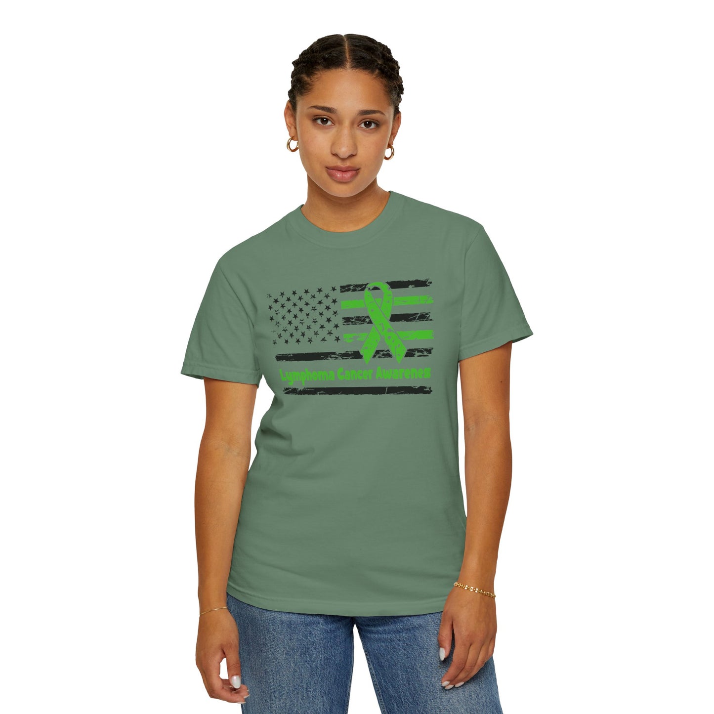 Lymphoma Awareness T-Shirt, Unisex Garment-Dyed Tee, Cancer Support Shirt, Green Ribbon Tee, Gift for Awareness Events