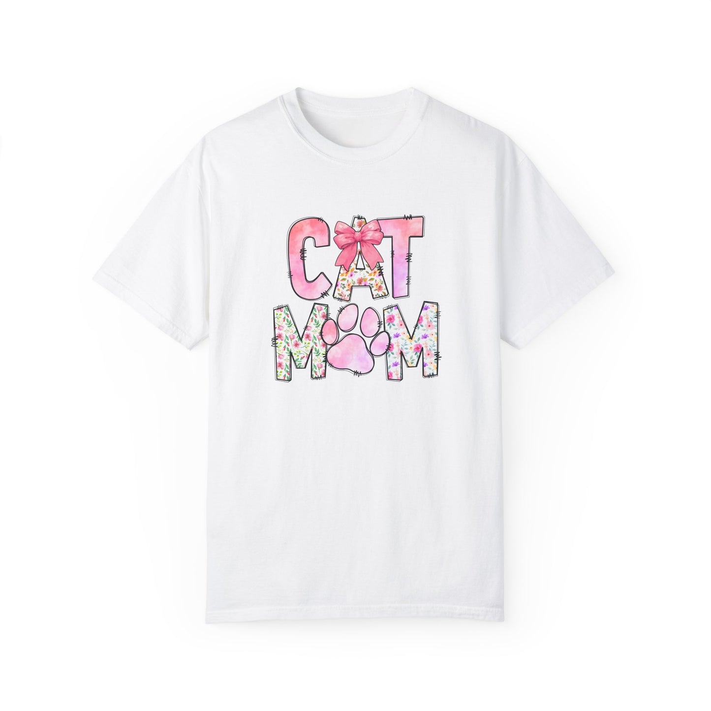 Cat Mom Garment-Dyed T-Shirt | Cute Floral Design for Cat Lovers