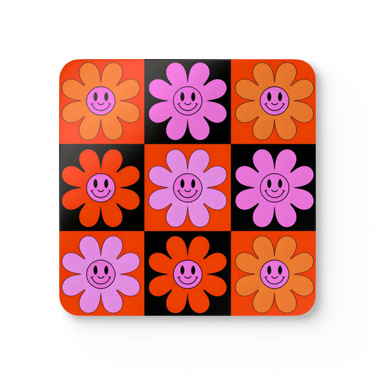 Retro Floral Cork Coaster Set - Happy Smiley Design for Home & Parties