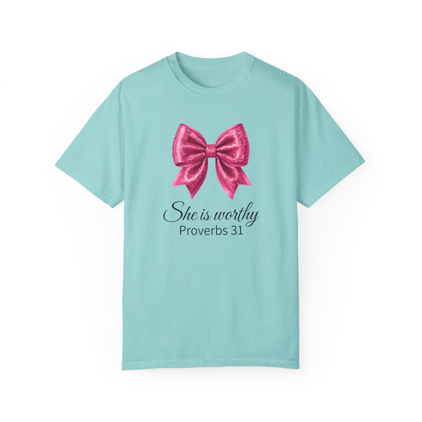 She Is Worthy Coquette Glitter Pink Bow Unisex T-Shirt - Glitter Bow Design