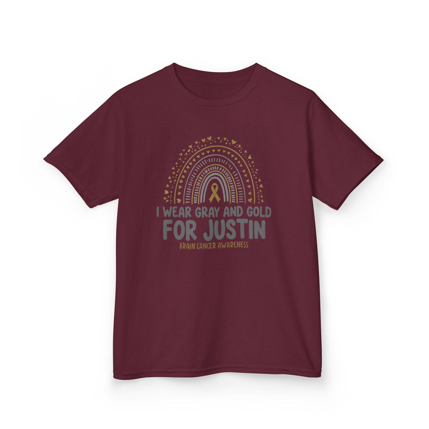 JUSTIN KIDS UNISEX TSHIRT- Kids Brain Cancer Awareness Tee - I Wear Gray and Gold for Justin