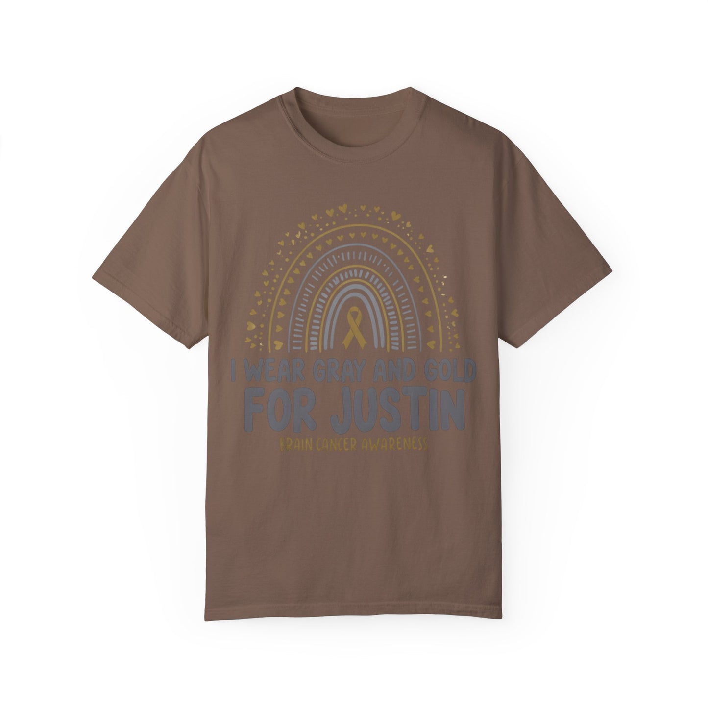 JUSTIN ADULT-Brain Cancer Awareness T-Shirt - I Wear Gray and Gold for Justin