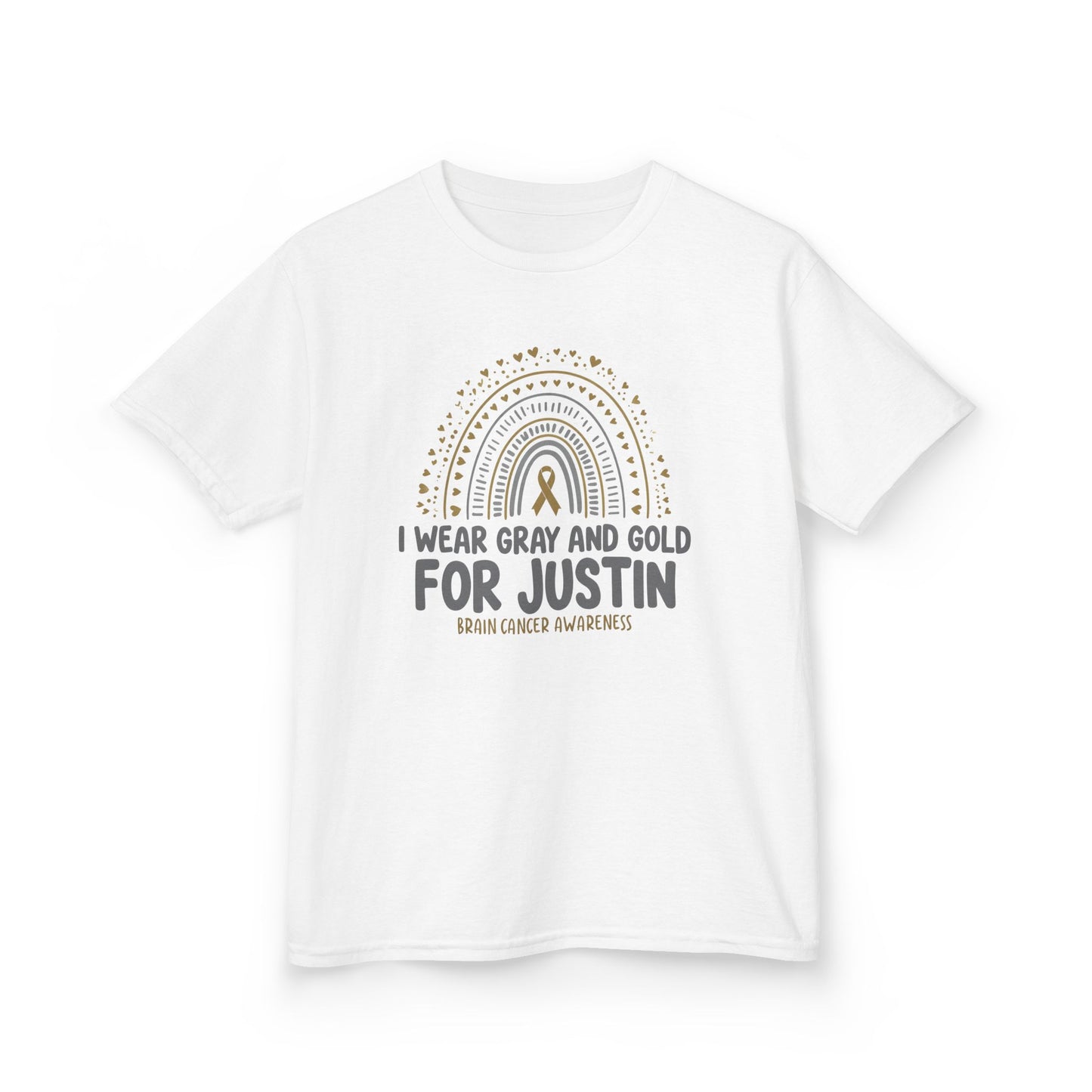 JUSTIN KIDS UNISEX TSHIRT- Kids Brain Cancer Awareness Tee - I Wear Gray and Gold for Justin