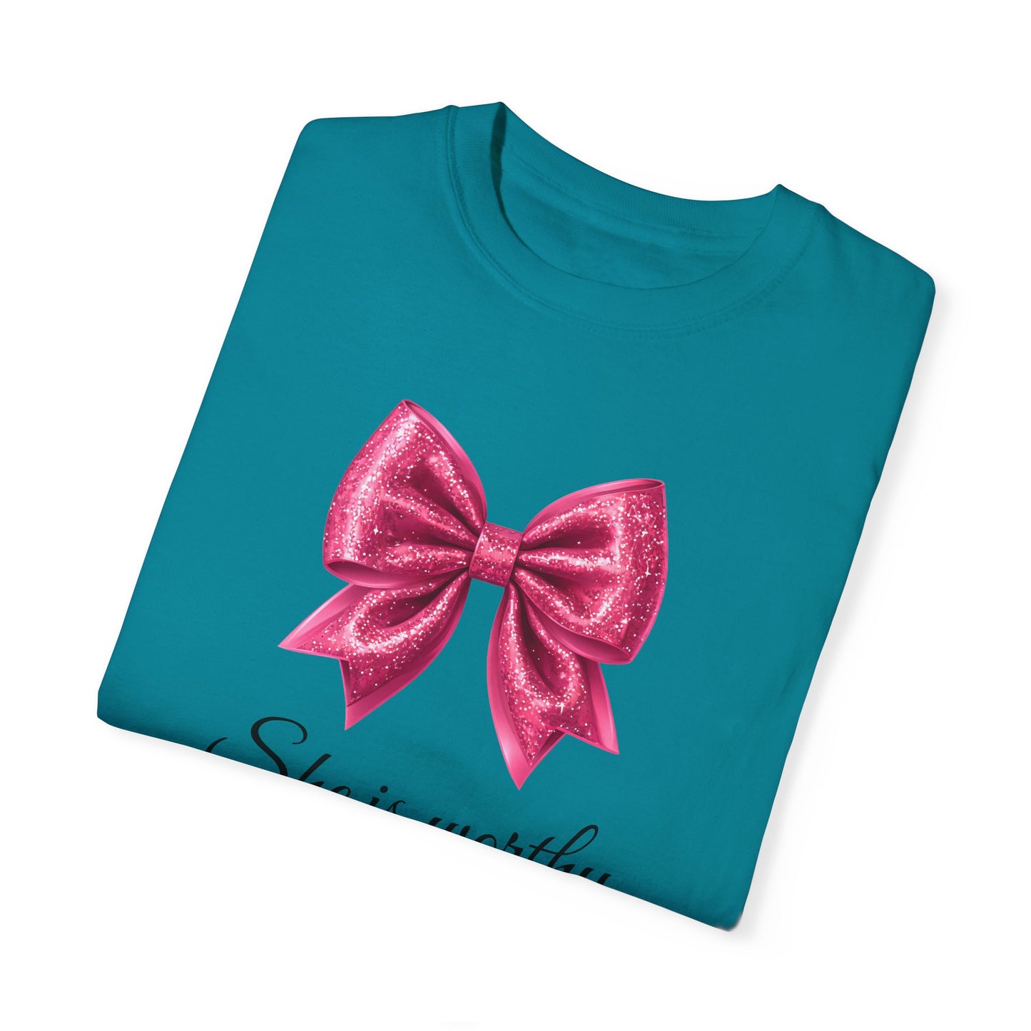She Is Worthy Coquette Glitter Pink Bow Unisex T-Shirt - Glitter Bow Design
