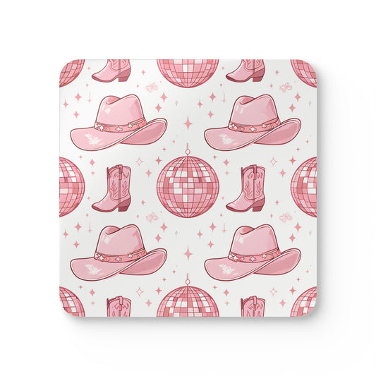 Cowgirl Chic Corkwood Coaster Set - Pink Hat & Boot Design