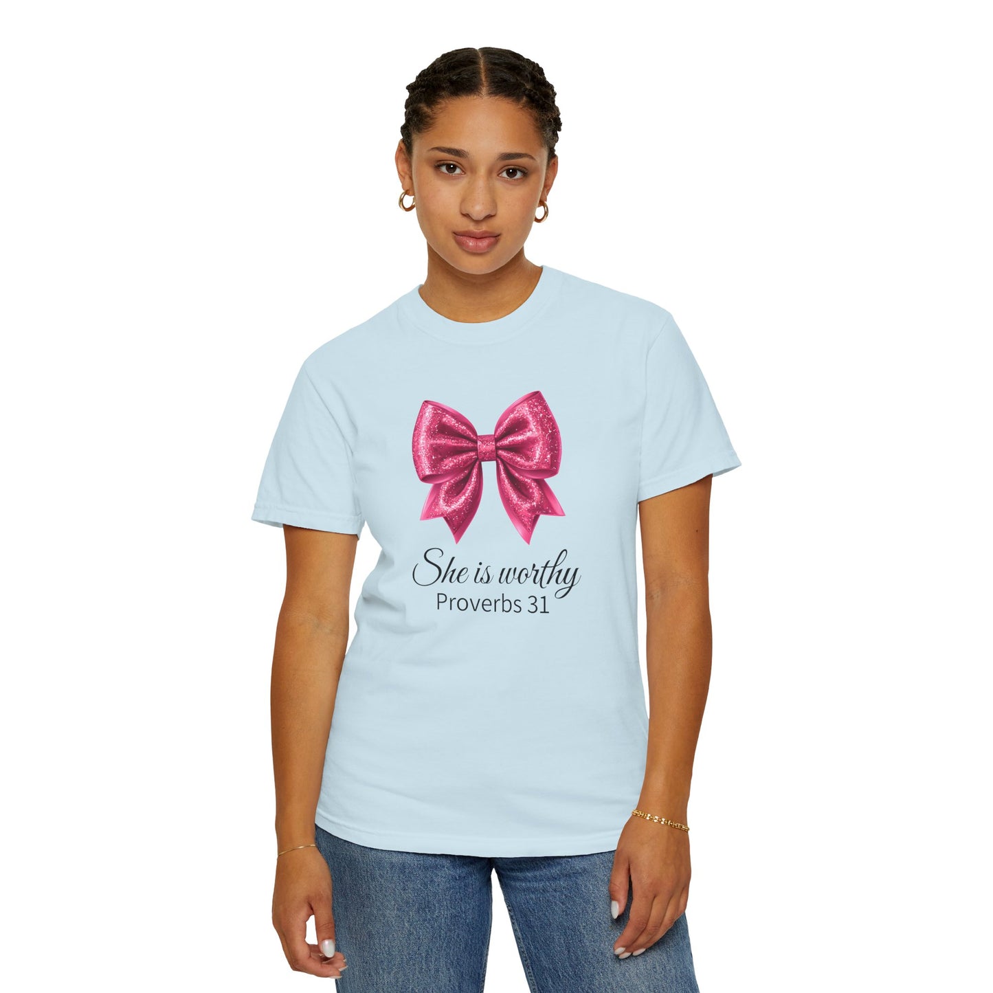She Is Worthy Coquette Glitter Pink Bow Unisex T-Shirt - Glitter Bow Design