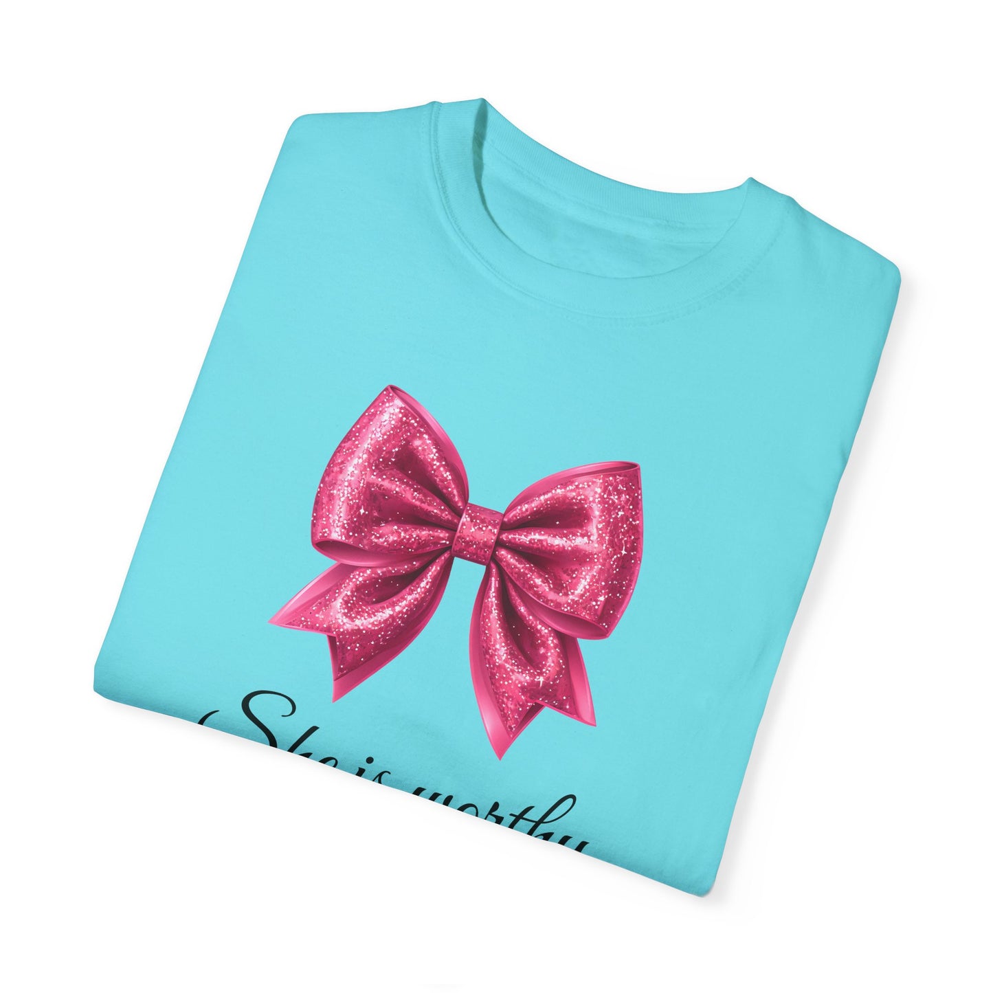 She Is Worthy Coquette Glitter Pink Bow Unisex T-Shirt - Glitter Bow Design