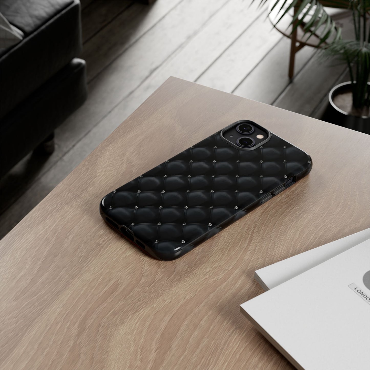 Stylish Tough Phone Case - Elegant Black Quilted Design
