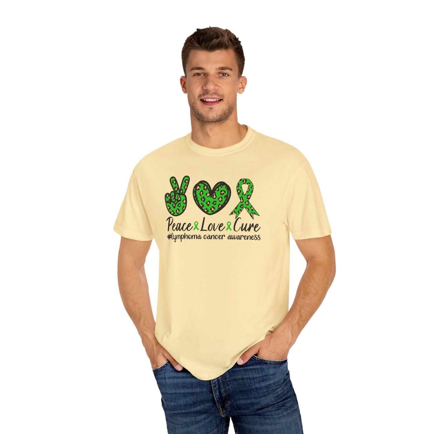 Peace, Love, Cure Unisex Garment-Dyed T-shirt for Lymphoma Awareness, Comfortable Tee, Cancer Support Shirt, Gift for Awareness [...]