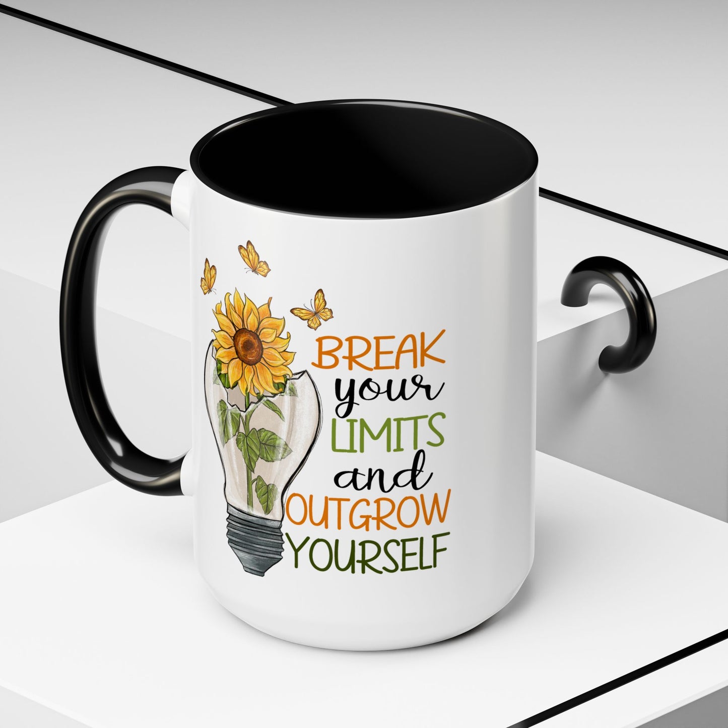 Inspirational Sunflower Coffee Mug - Break Your Limits & Outgrow Yourself - 15oz