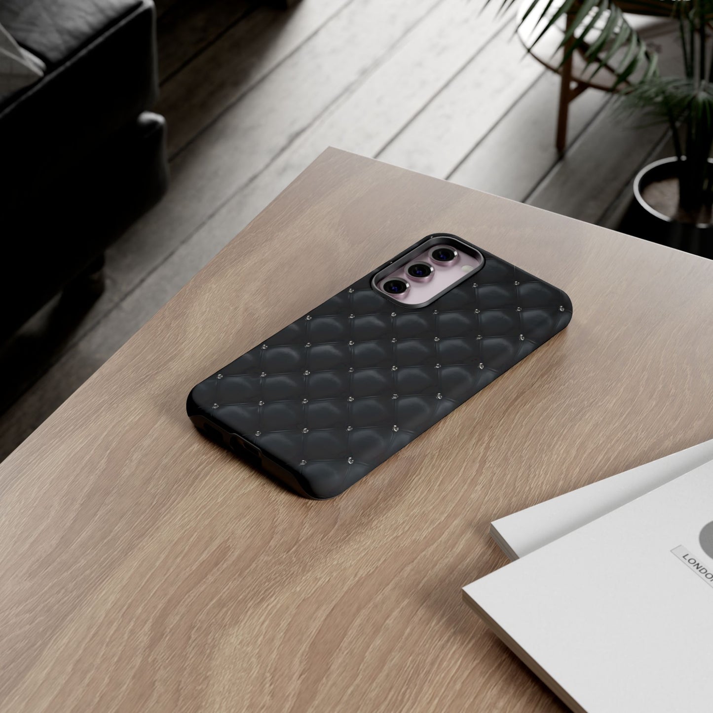 Stylish Tough Phone Case - Elegant Black Quilted Design