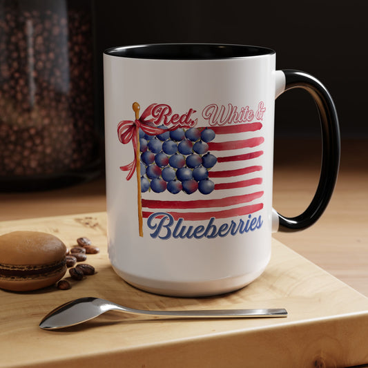 July 4th Accent Coffee Mug with Red, White & Blueberries Design, Patriotic Mug, Americana Decor, Summer BBQ Drinkware, Holiday Gift