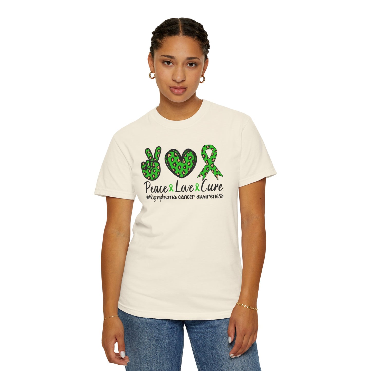 Peace, Love, Cure Unisex Garment-Dyed T-shirt for Lymphoma Awareness, Comfortable Tee, Cancer Support Shirt, Gift for Awareness [...]