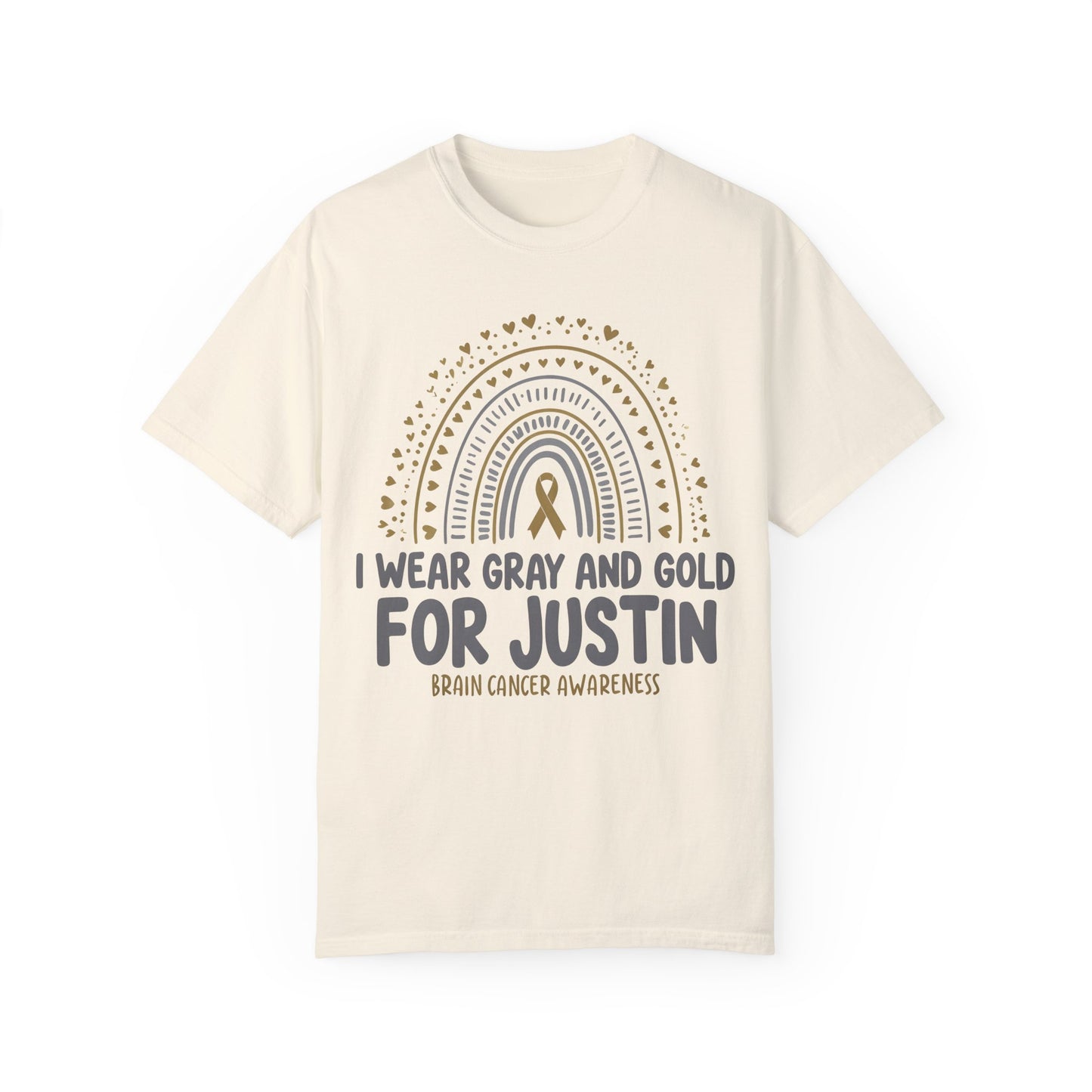 JUSTIN ADULT-Brain Cancer Awareness T-Shirt - I Wear Gray and Gold for Justin