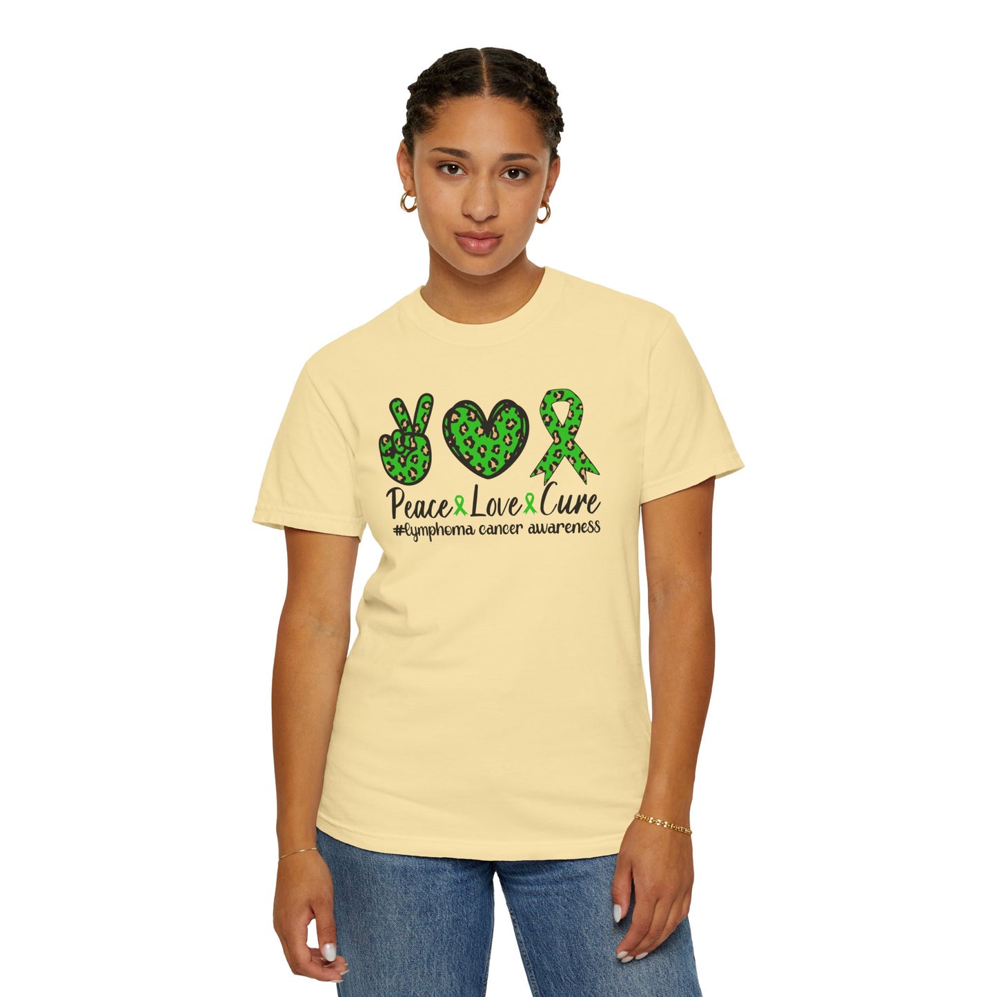 Peace, Love, Cure Unisex Garment-Dyed T-shirt for Lymphoma Awareness, Comfortable Tee, Cancer Support Shirt, Gift for Awareness [...]