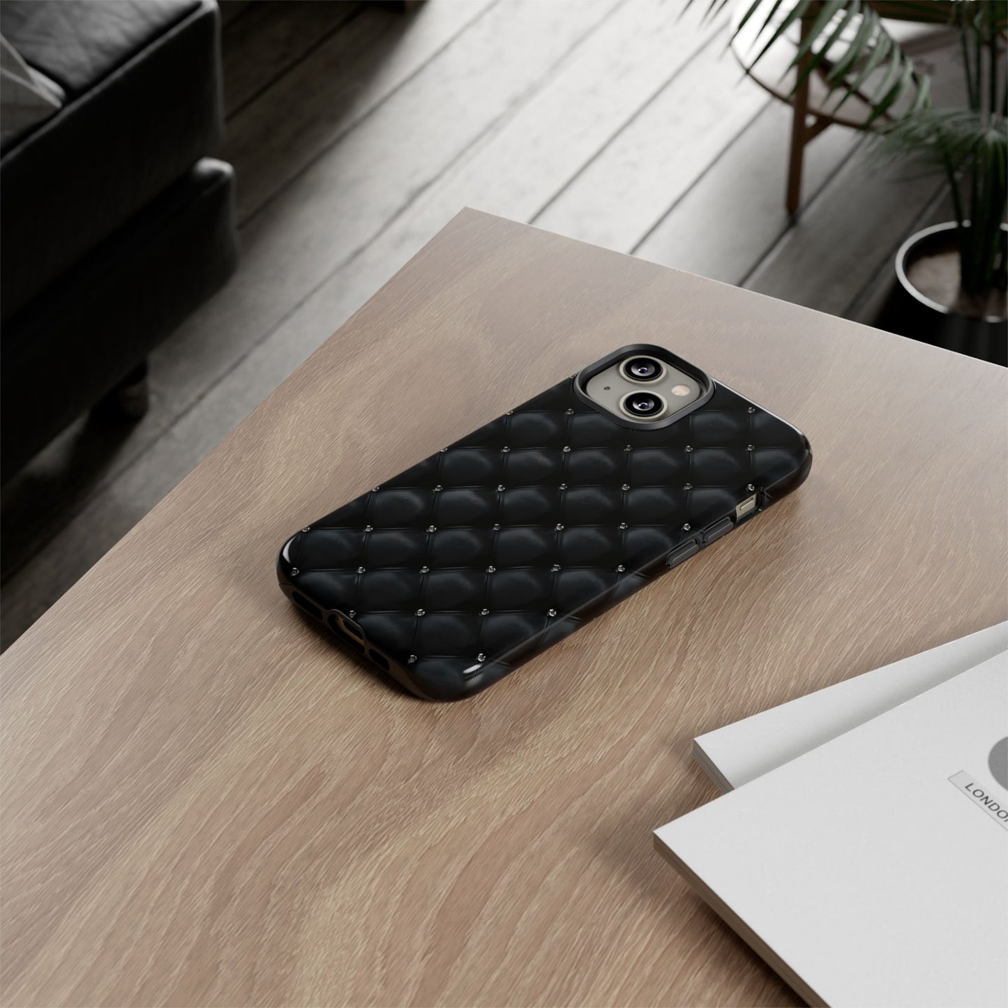 Stylish Tough Phone Case - Elegant Black Quilted Design