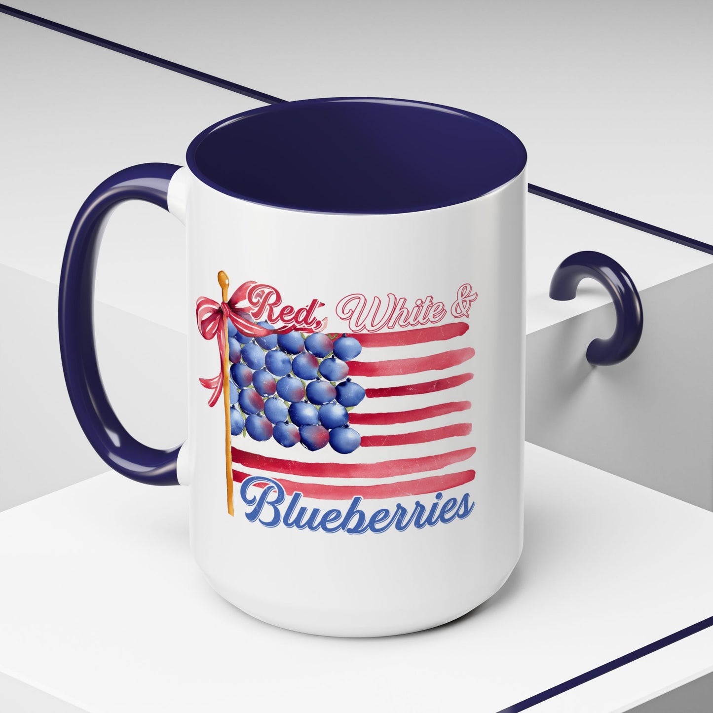 July 4th Accent Coffee Mug with Red, White & Blueberries Design, Patriotic Mug, Americana Decor, Summer BBQ Drinkware, Holiday Gift