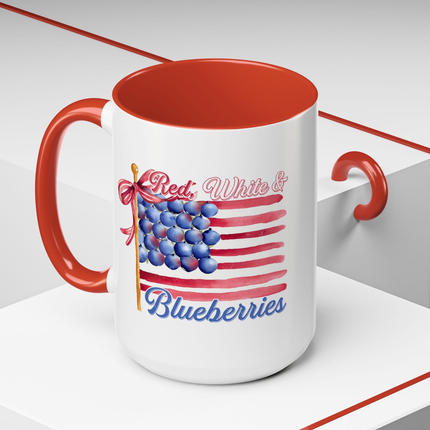 July 4th Accent Coffee Mug with Red, White & Blueberries Design, Patriotic Mug, Americana Decor, Summer BBQ Drinkware, Holiday Gift