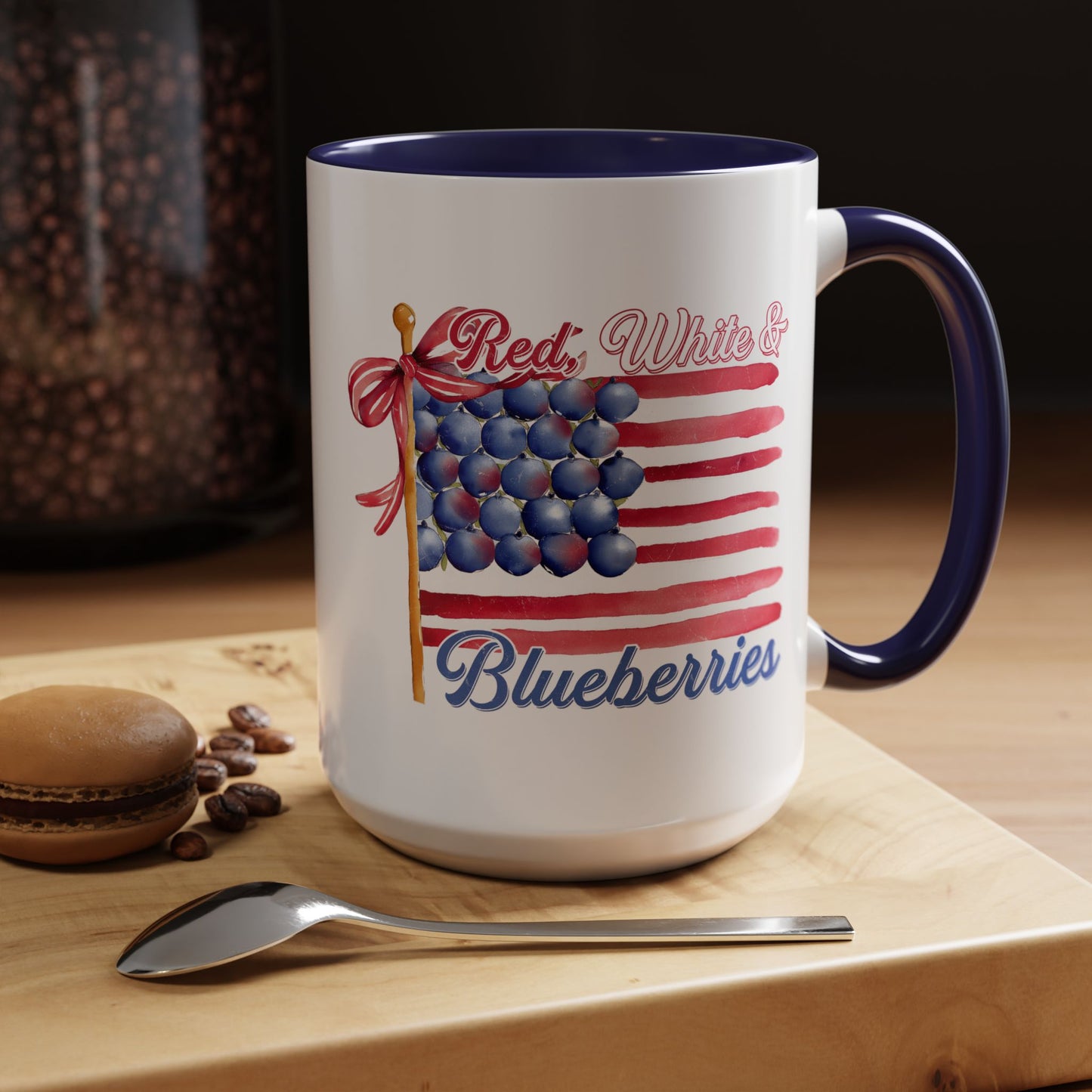 July 4th Accent Coffee Mug with Red, White & Blueberries Design, Patriotic Mug, Americana Decor, Summer BBQ Drinkware, Holiday Gift