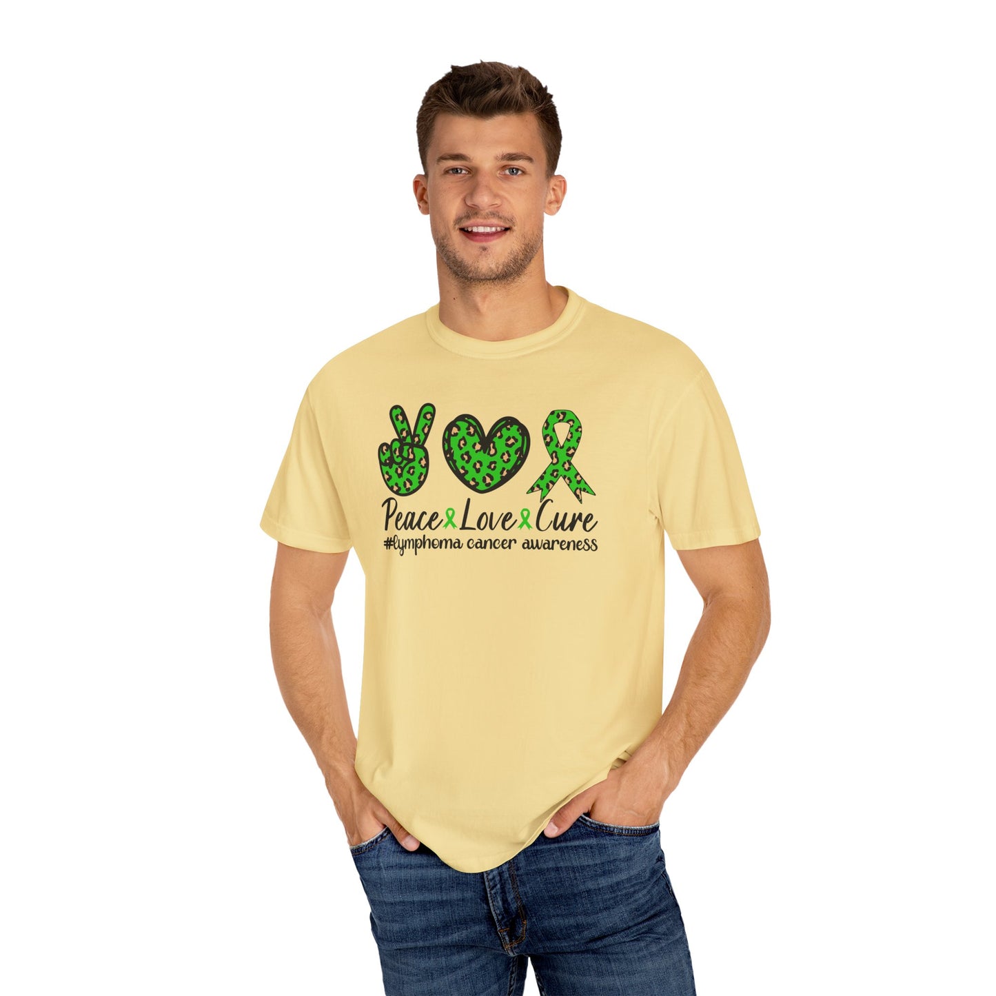Peace, Love, Cure Unisex Garment-Dyed T-shirt for Lymphoma Awareness, Comfortable Tee, Cancer Support Shirt, Gift for Awareness [...]