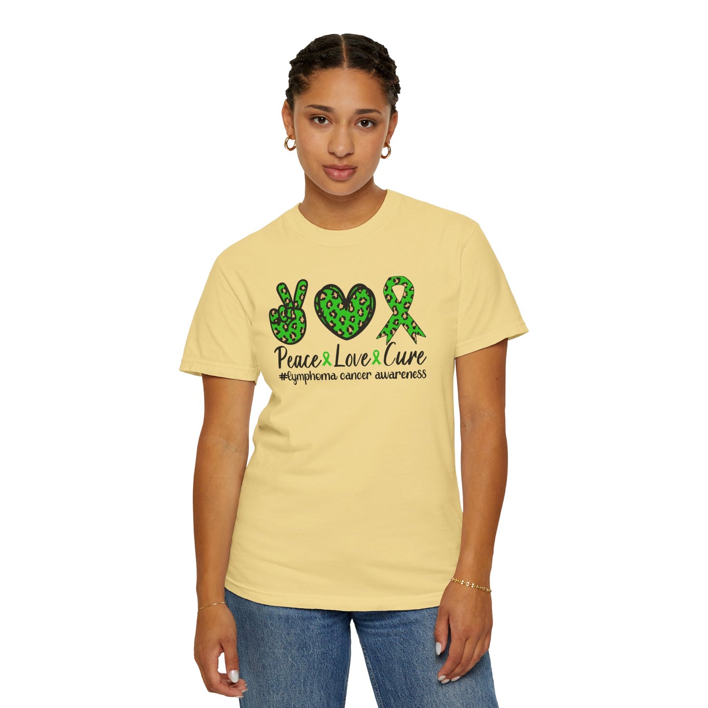 Peace, Love, Cure Unisex Garment-Dyed T-shirt for Lymphoma Awareness, Comfortable Tee, Cancer Support Shirt, Gift for Awareness [...]