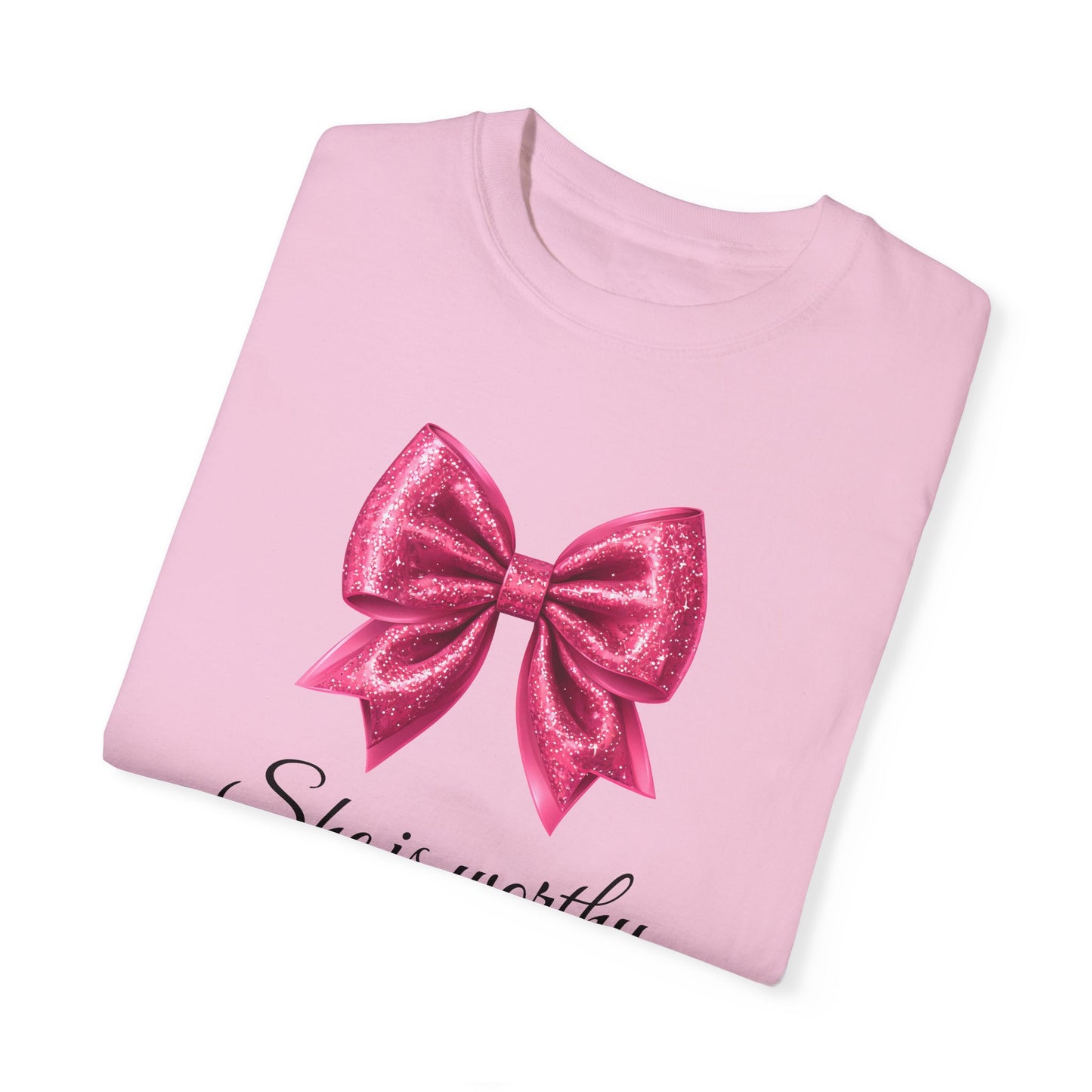 She Is Worthy Coquette Glitter Pink Bow Unisex T-Shirt - Glitter Bow Design