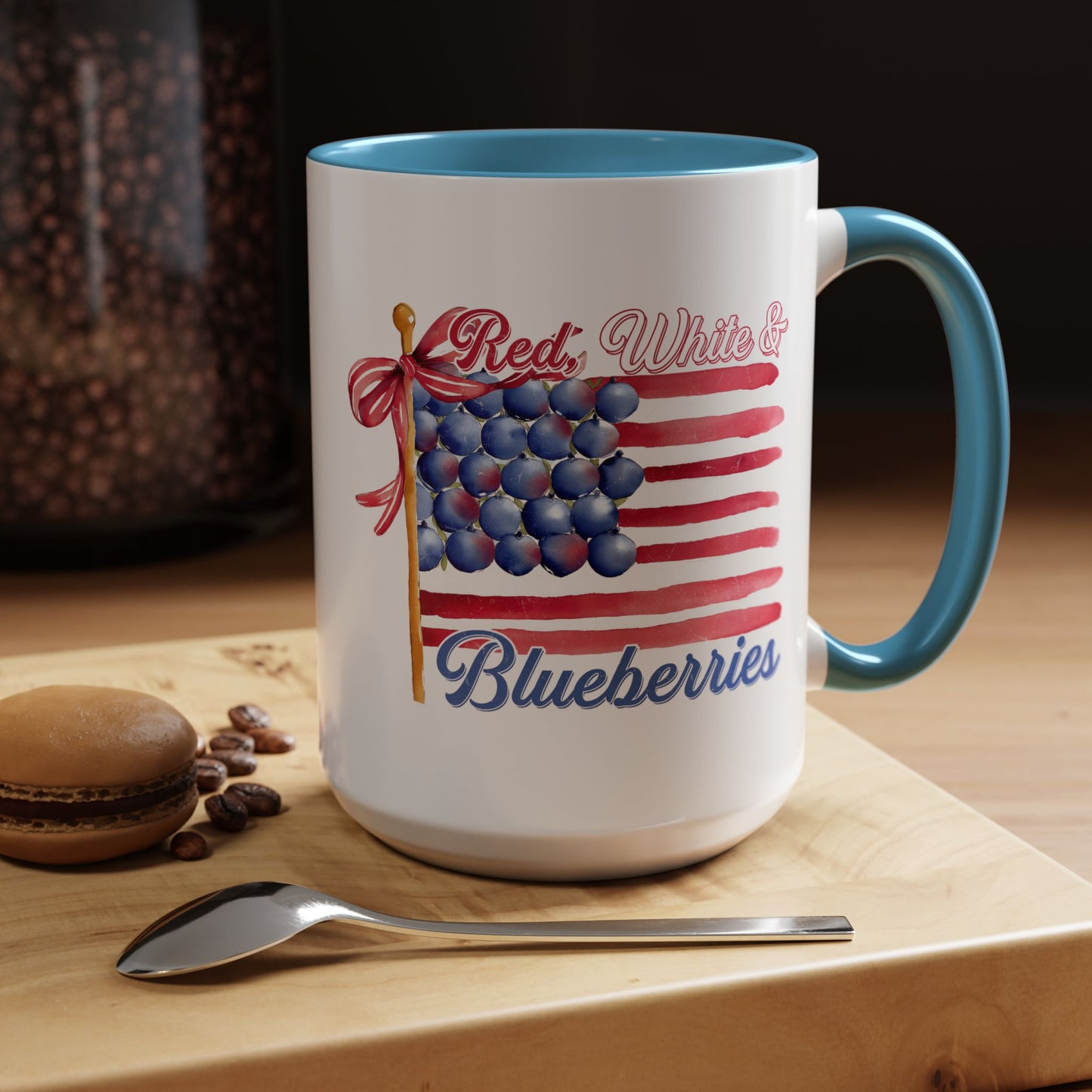 July 4th Accent Coffee Mug with Red, White & Blueberries Design, Patriotic Mug, Americana Decor, Summer BBQ Drinkware, Holiday Gift