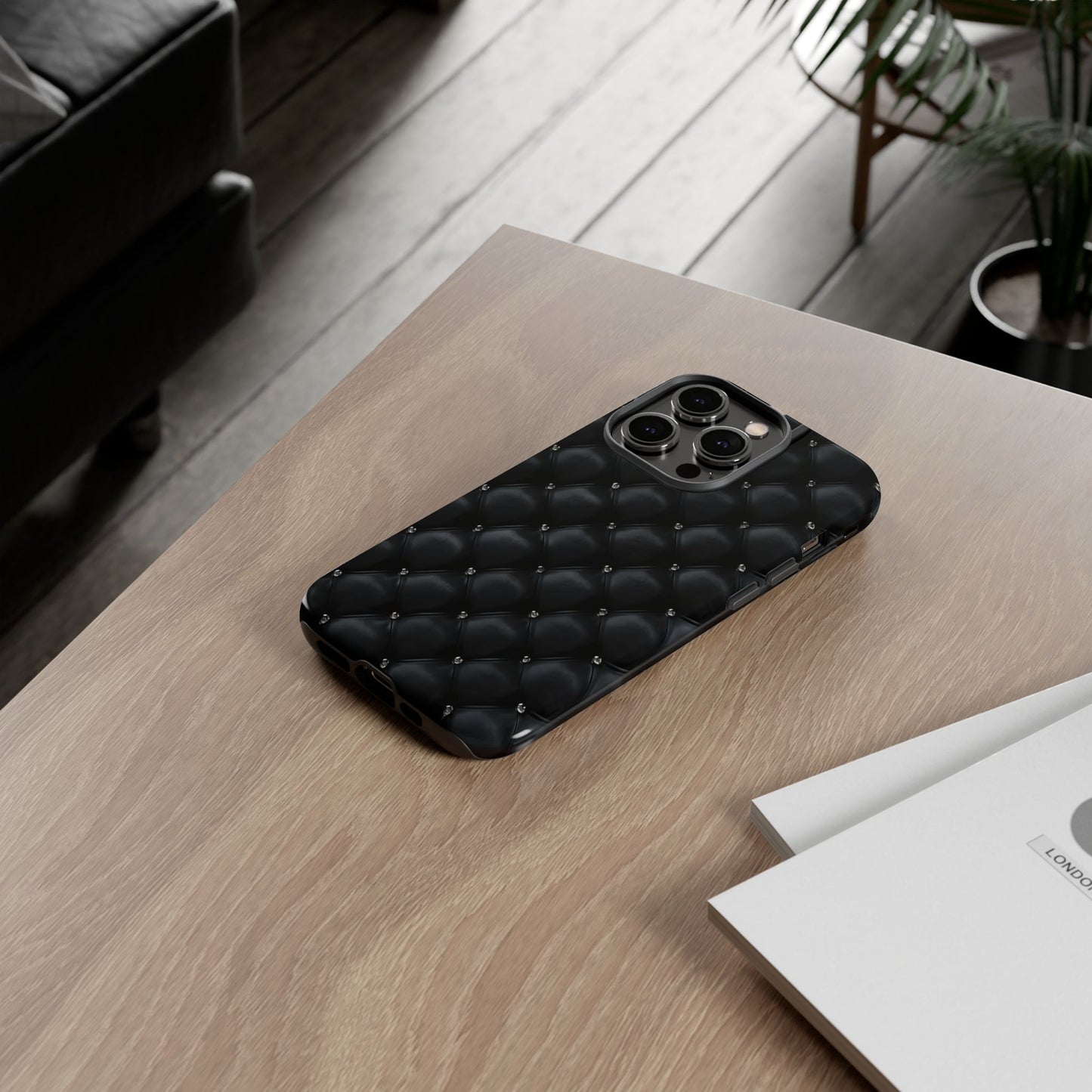 Stylish Tough Phone Case - Elegant Black Quilted Design