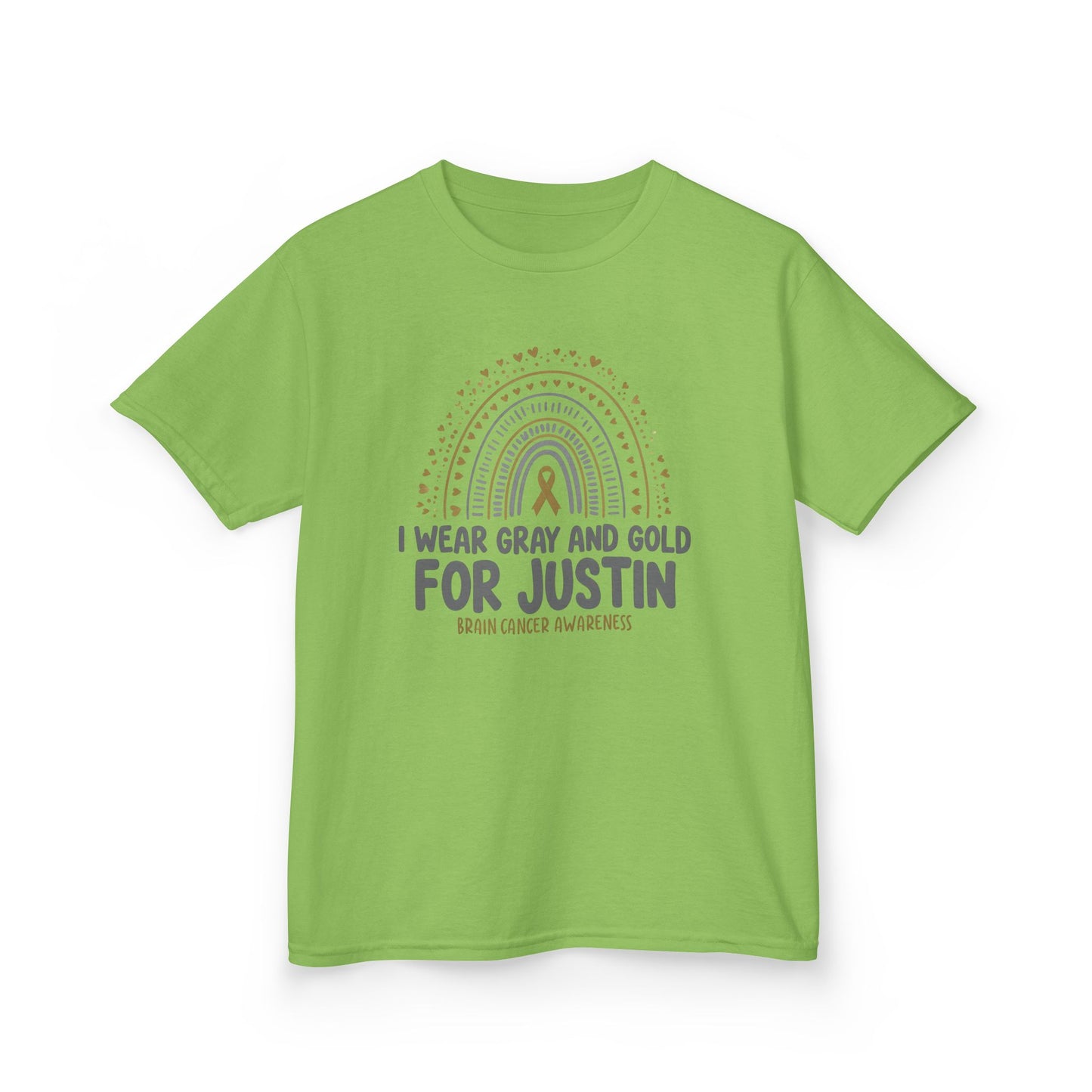 JUSTIN KIDS UNISEX TSHIRT- Kids Brain Cancer Awareness Tee - I Wear Gray and Gold for Justin