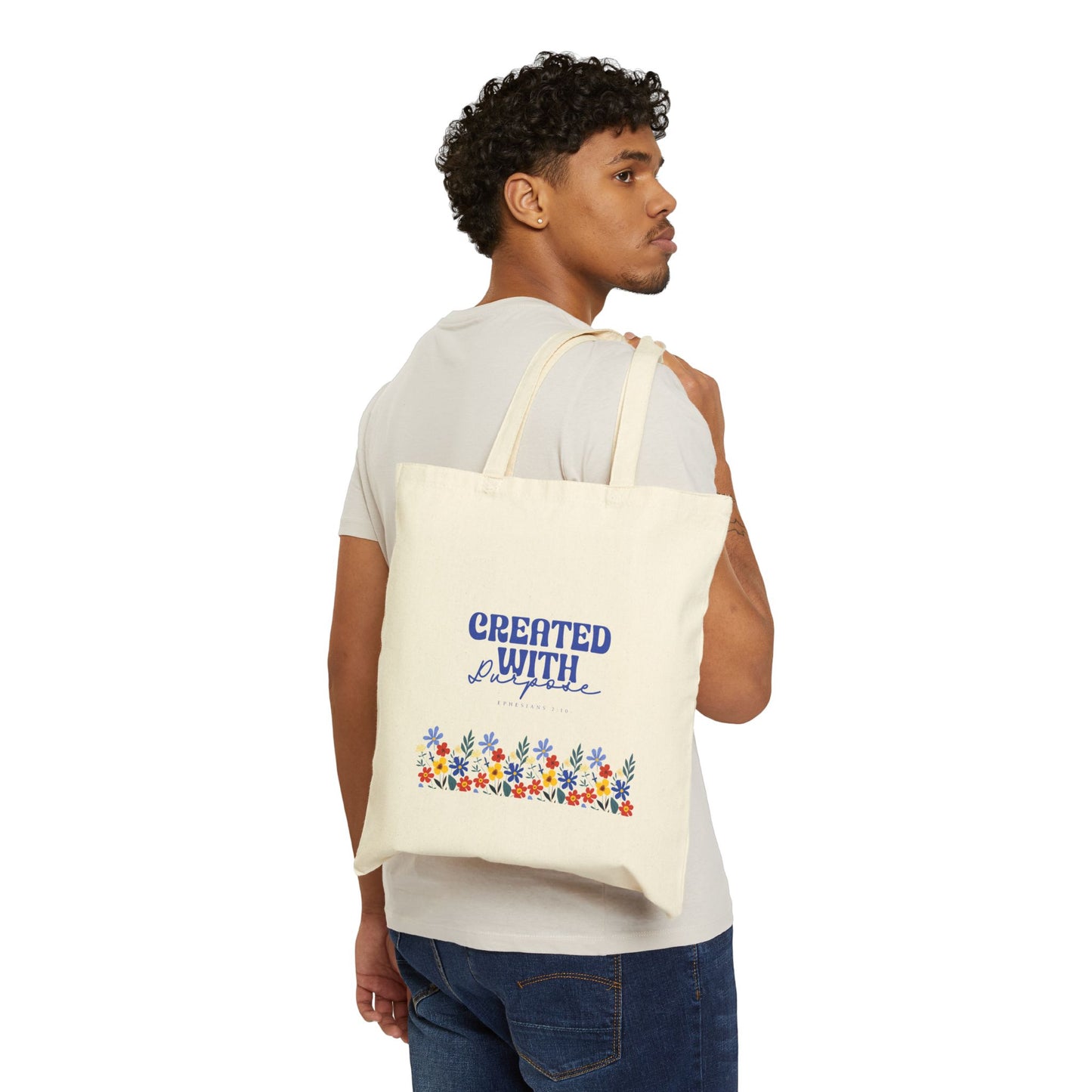Floral Cotton Canvas Tote Bag - "Created with Purpose" Design