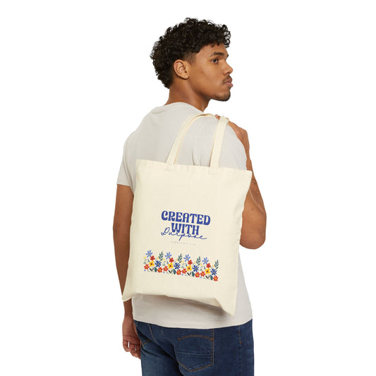 Floral Cotton Canvas Tote Bag - "Created with Purpose" Design