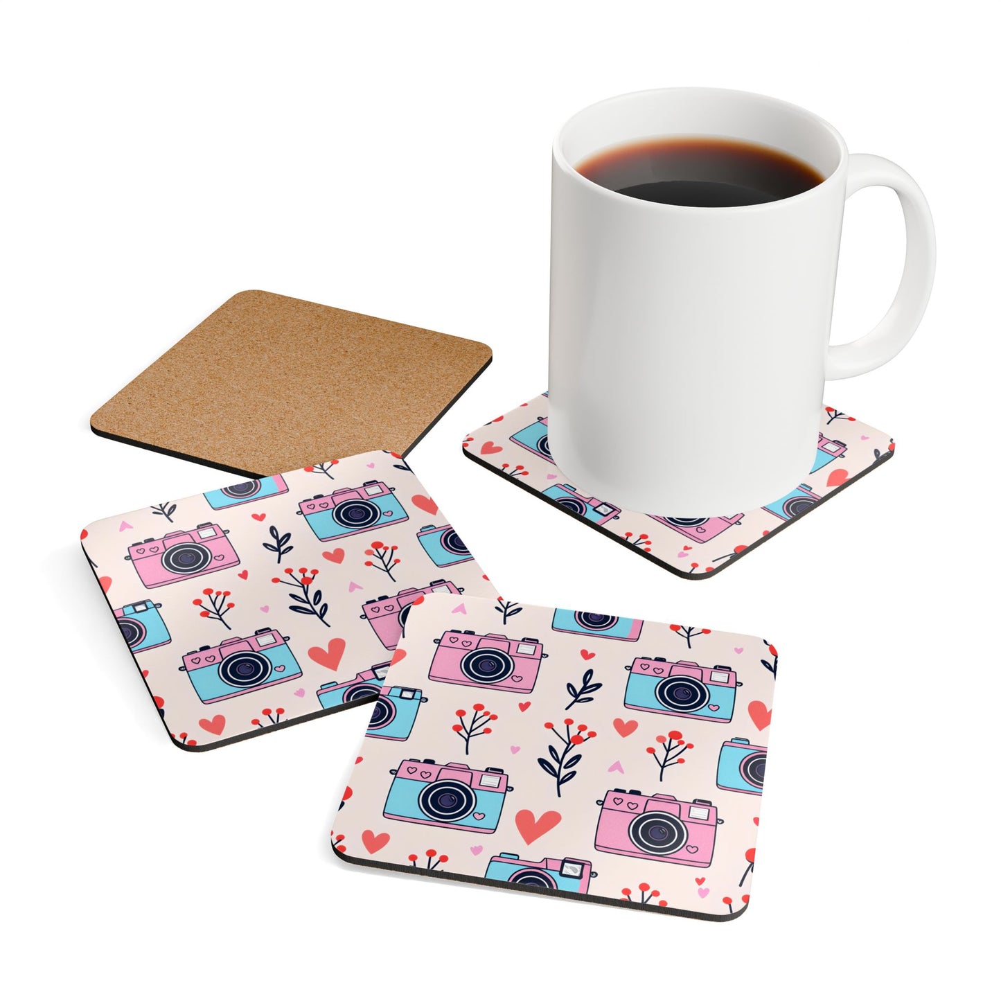 Cute Floral Camera Cork Coaster Set - Perfect for Home Décor & Gift Giving