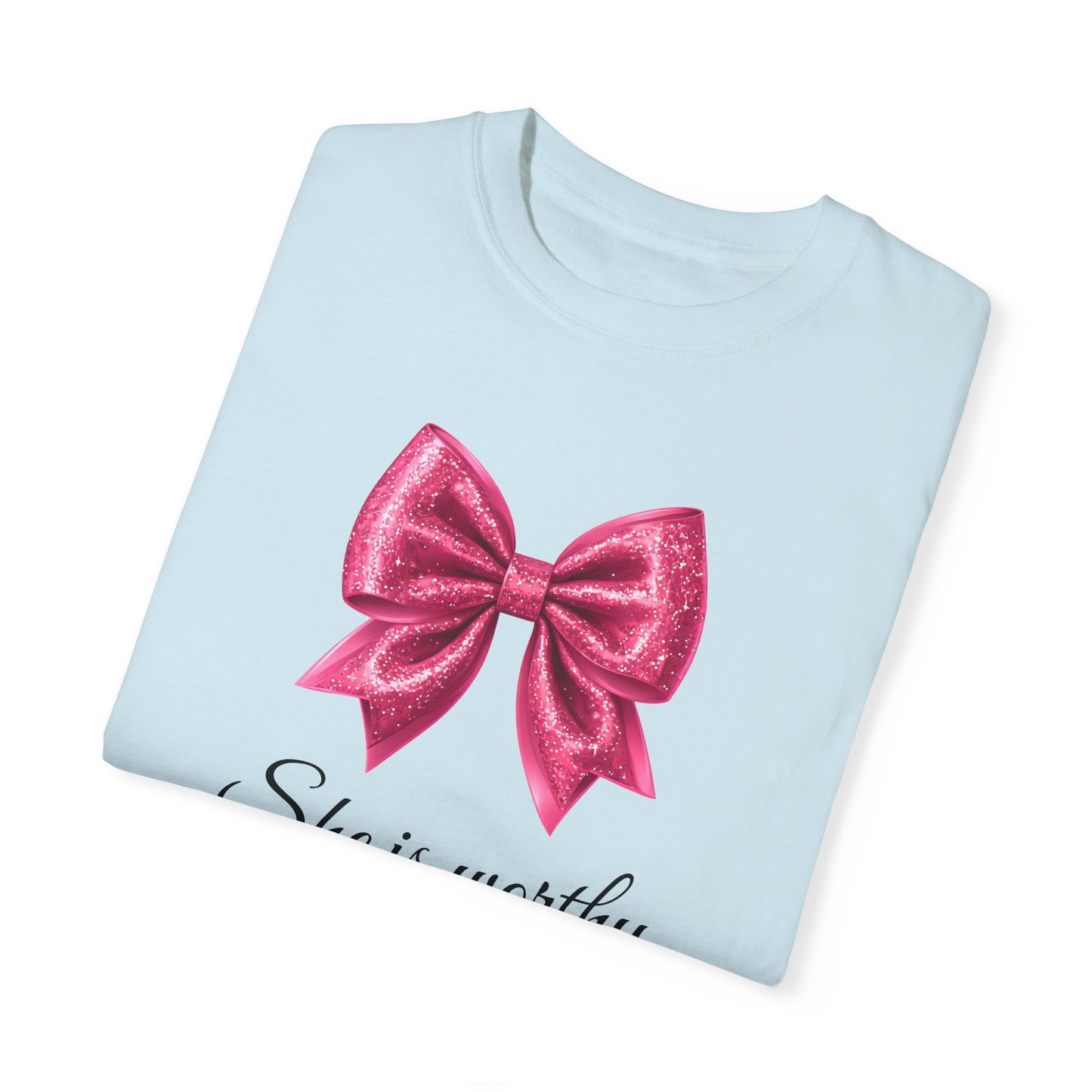 She Is Worthy Coquette Glitter Pink Bow Unisex T-Shirt - Glitter Bow Design