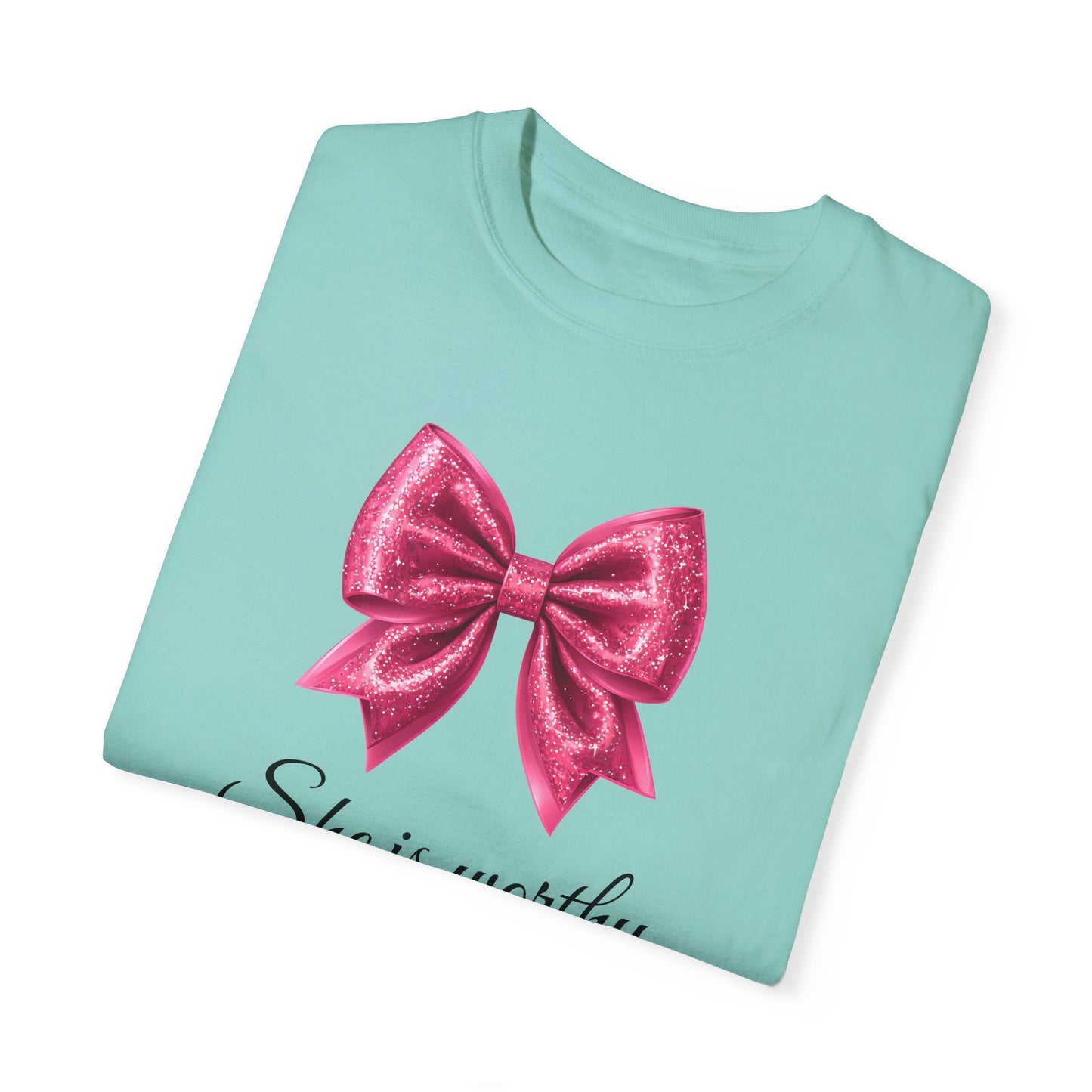 She Is Worthy Coquette Glitter Pink Bow Unisex T-Shirt - Glitter Bow Design