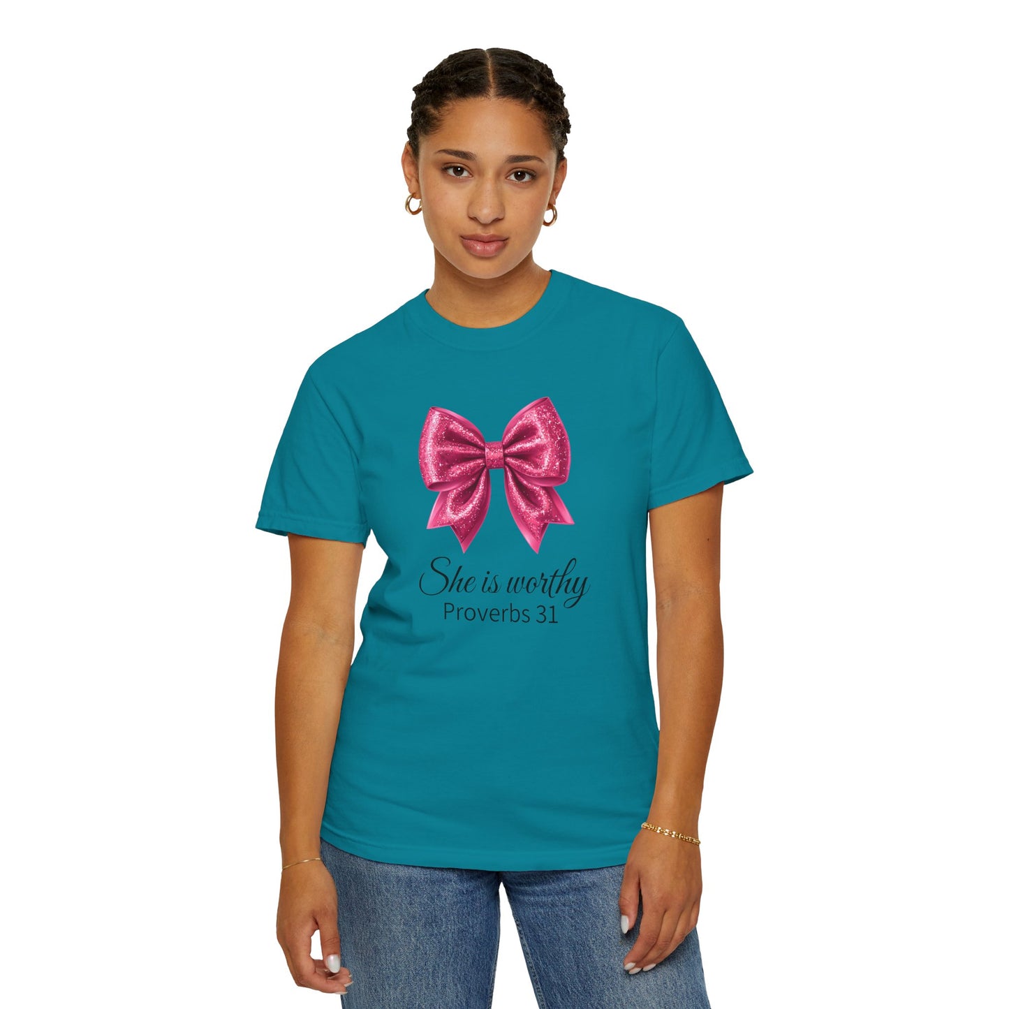 She Is Worthy Coquette Glitter Pink Bow Unisex T-Shirt - Glitter Bow Design