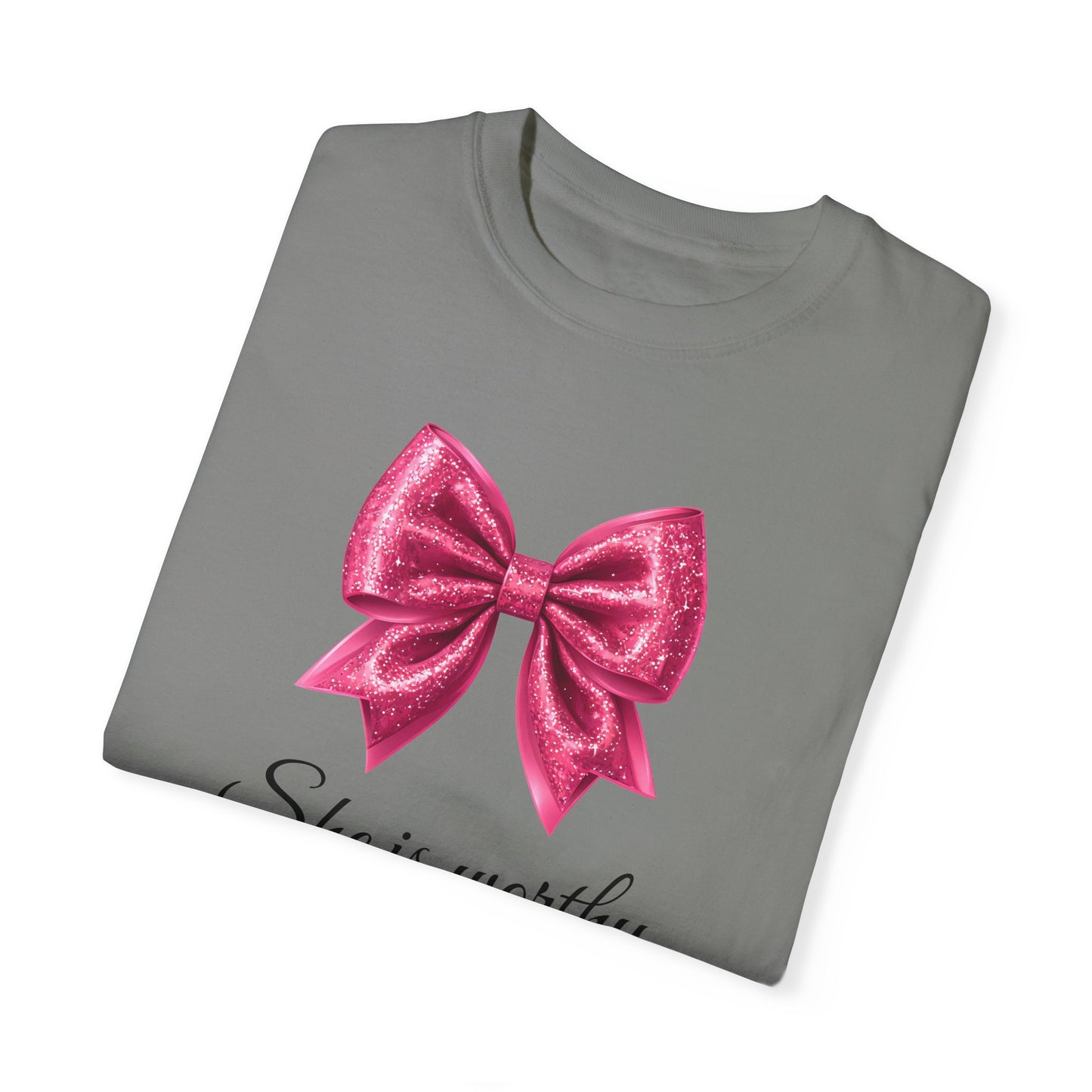 She Is Worthy Coquette Glitter Pink Bow Unisex T-Shirt - Glitter Bow Design